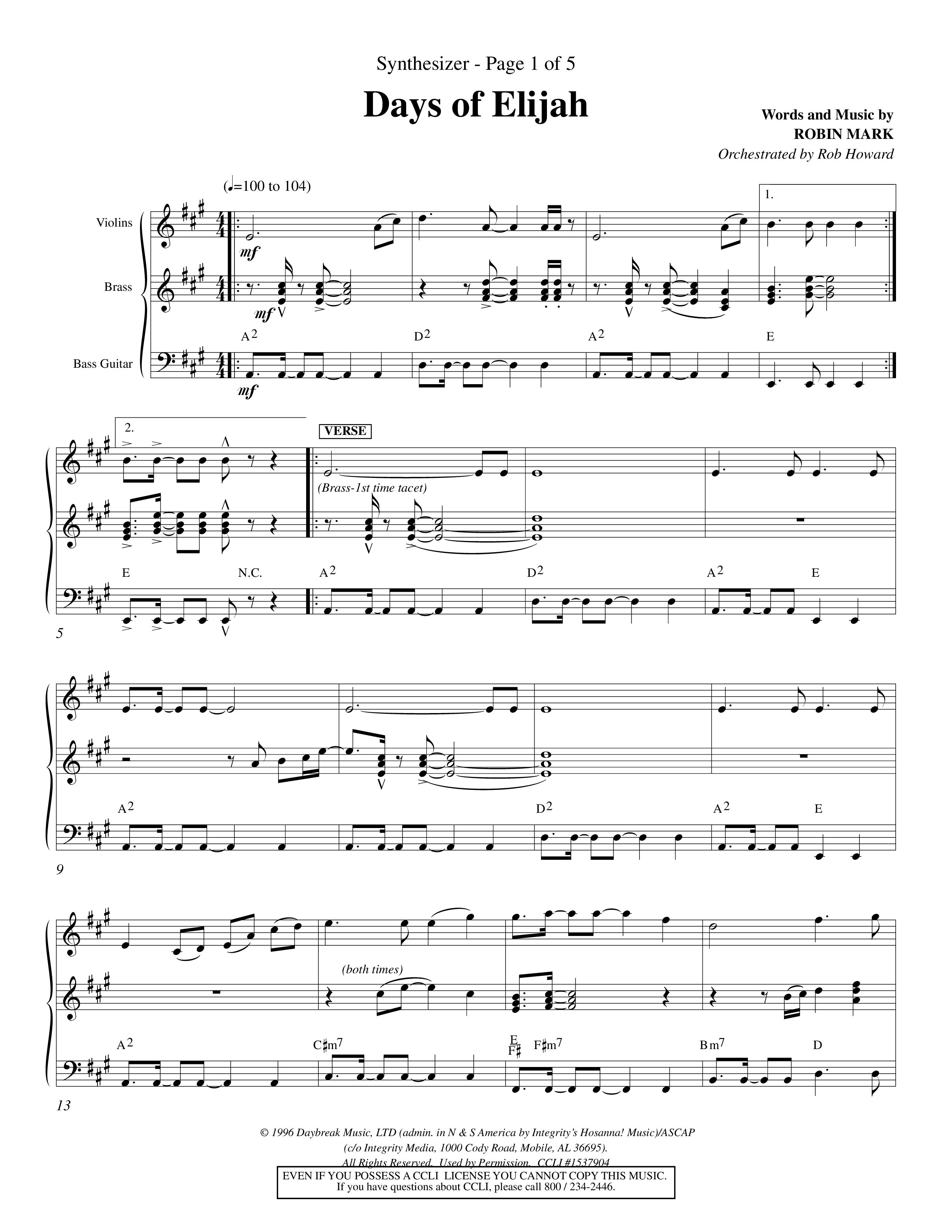 Days of Elijah (Choral Anthem SATB) Synth (Word Music Choral / Orch. Rob Howard)