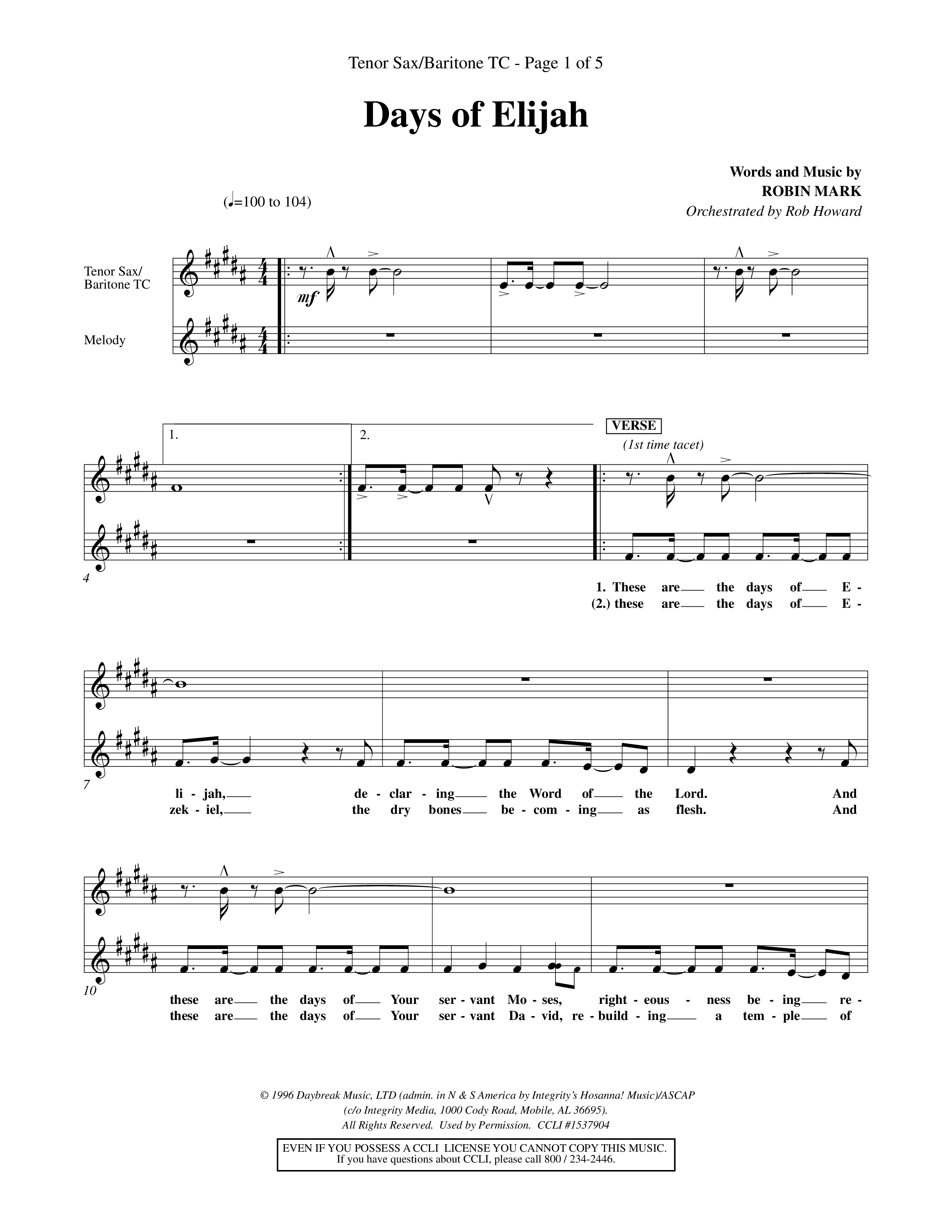 Days of Elijah (Choral Anthem SATB) Tenor Sax/Baritone T.C. (Word Music Choral / Orch. Rob Howard)