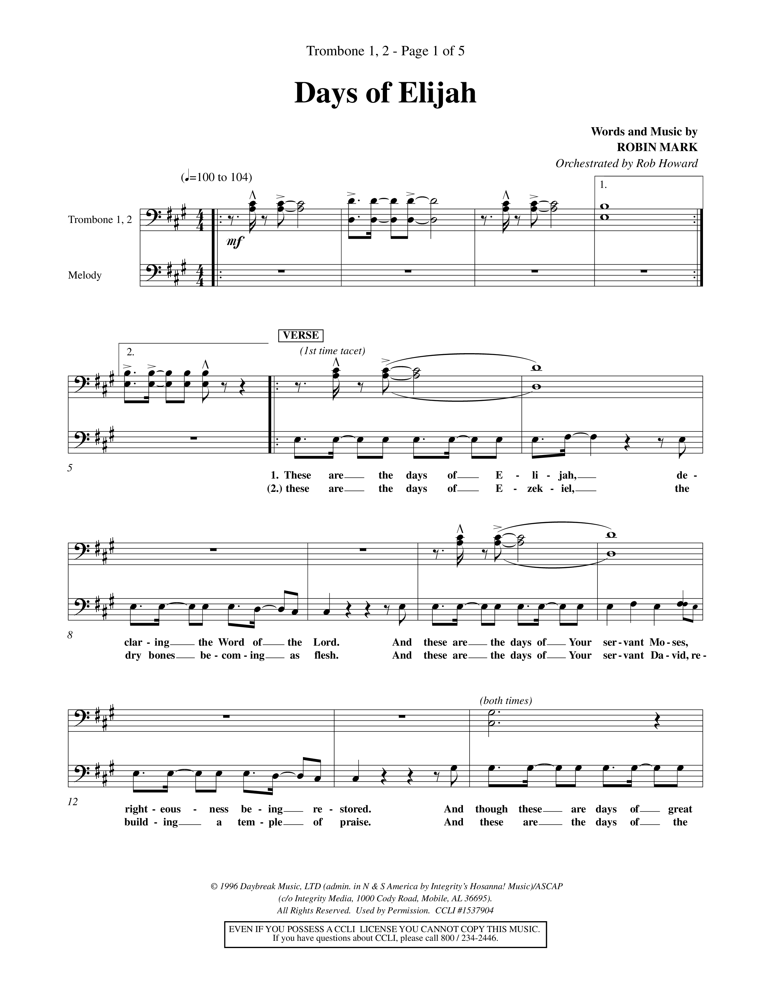 Days of Elijah (Choral Anthem SATB) Trombone 1/2 (Word Music Choral / Orch. Rob Howard)