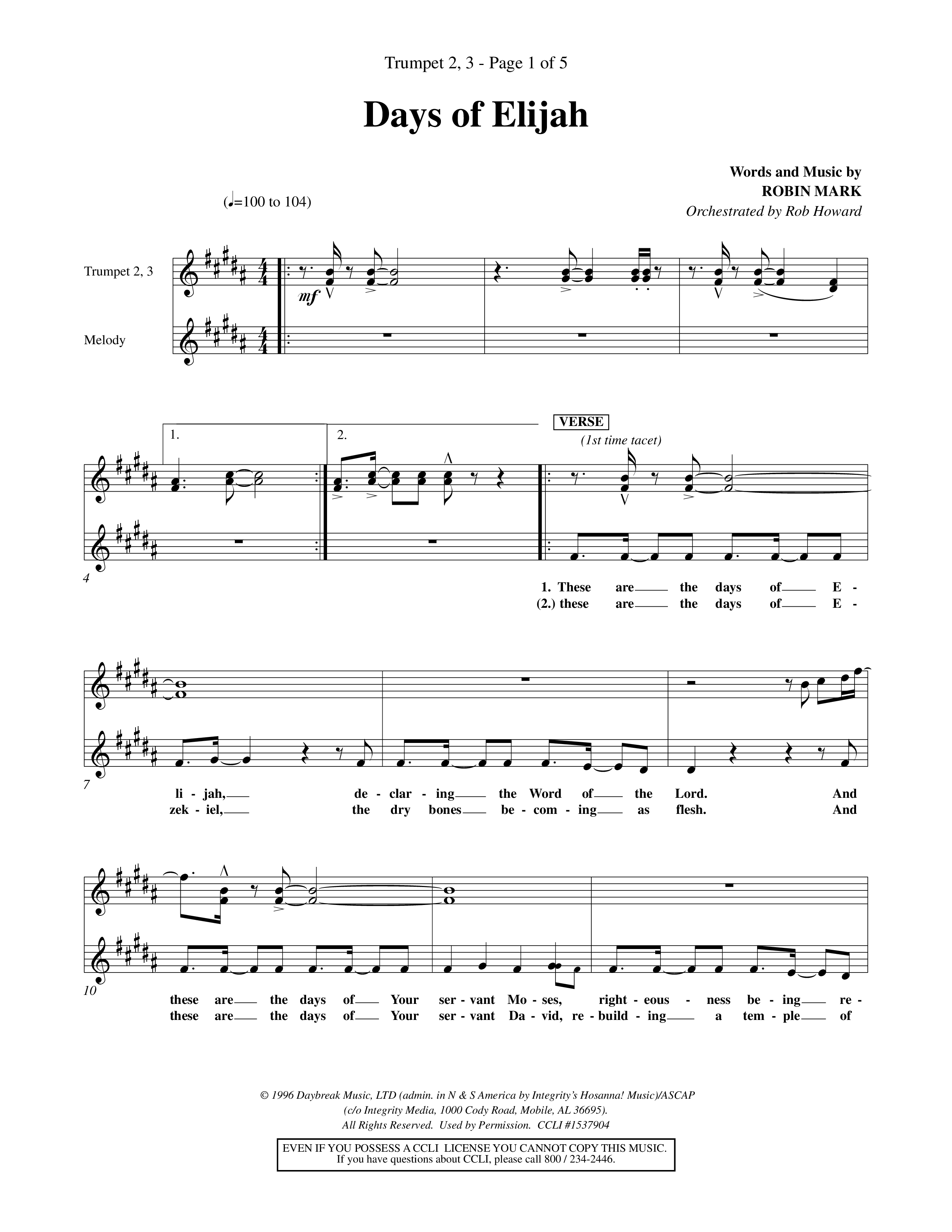 Days of Elijah (Choral Anthem SATB) Trumpet 2/3 (Word Music Choral / Orch. Rob Howard)