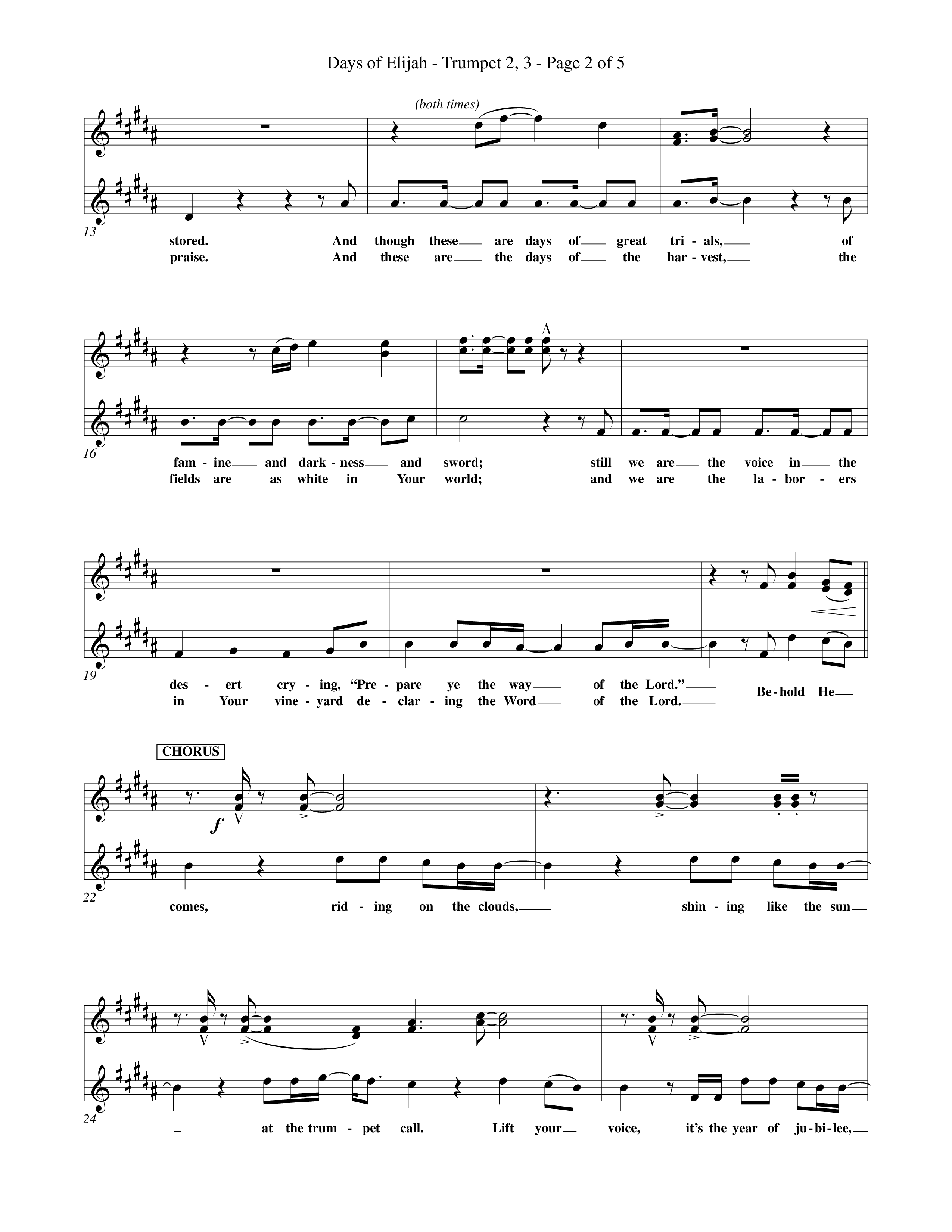 Days of Elijah (Choral Anthem SATB) Trumpet 2/3 (Word Music Choral / Orch. Rob Howard)