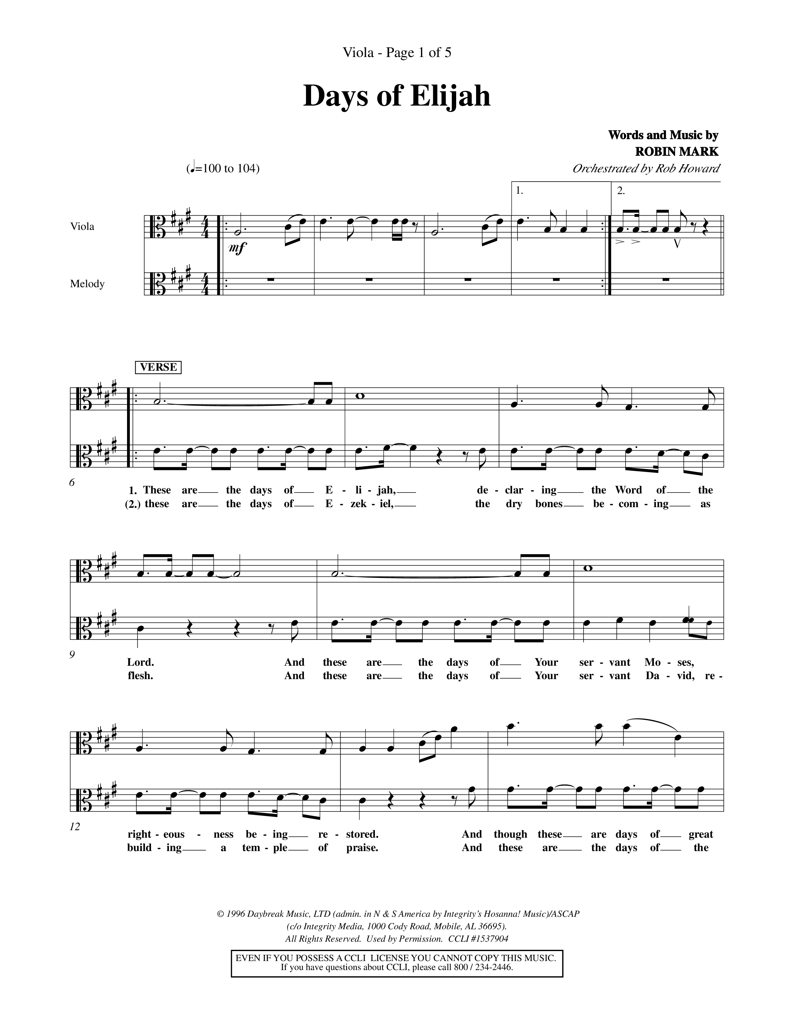 Days of Elijah (Choral Anthem SATB) Viola (Word Music Choral / Orch. Rob Howard)