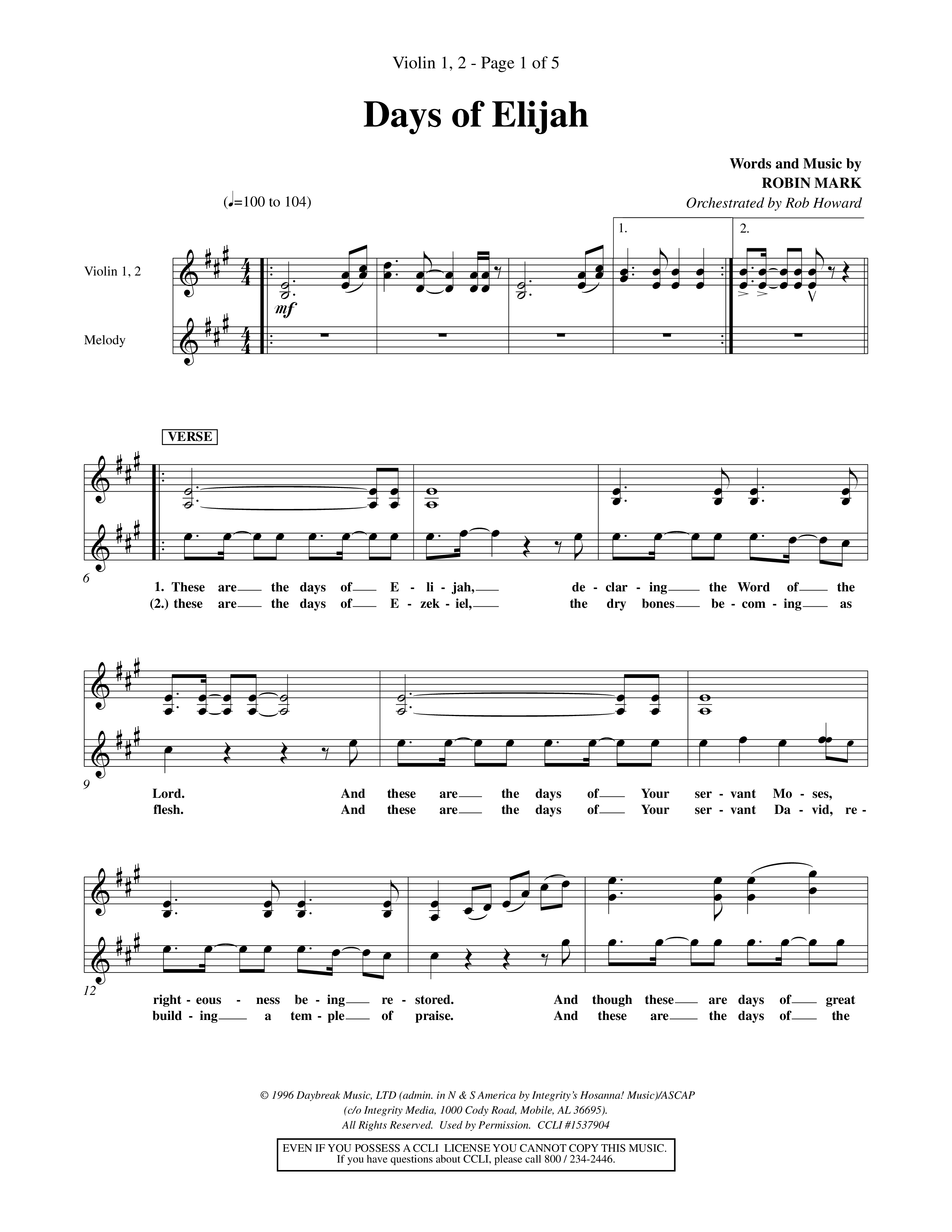 Days of Elijah (Choral Anthem SATB) Violin 1/2 (Word Music Choral / Orch. Rob Howard)