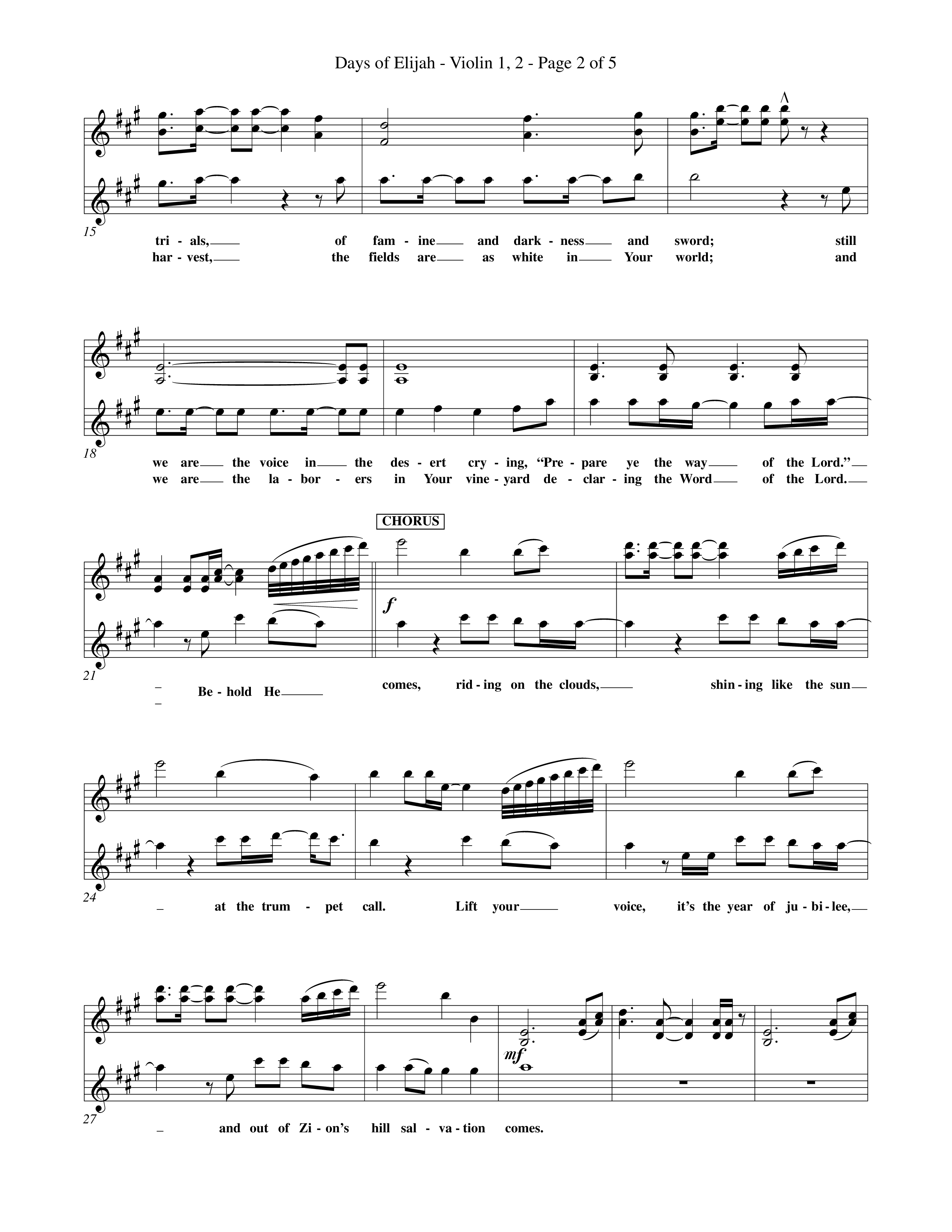 Days of Elijah (Choral Anthem SATB) Violin 1/2 (Word Music Choral / Orch. Rob Howard)