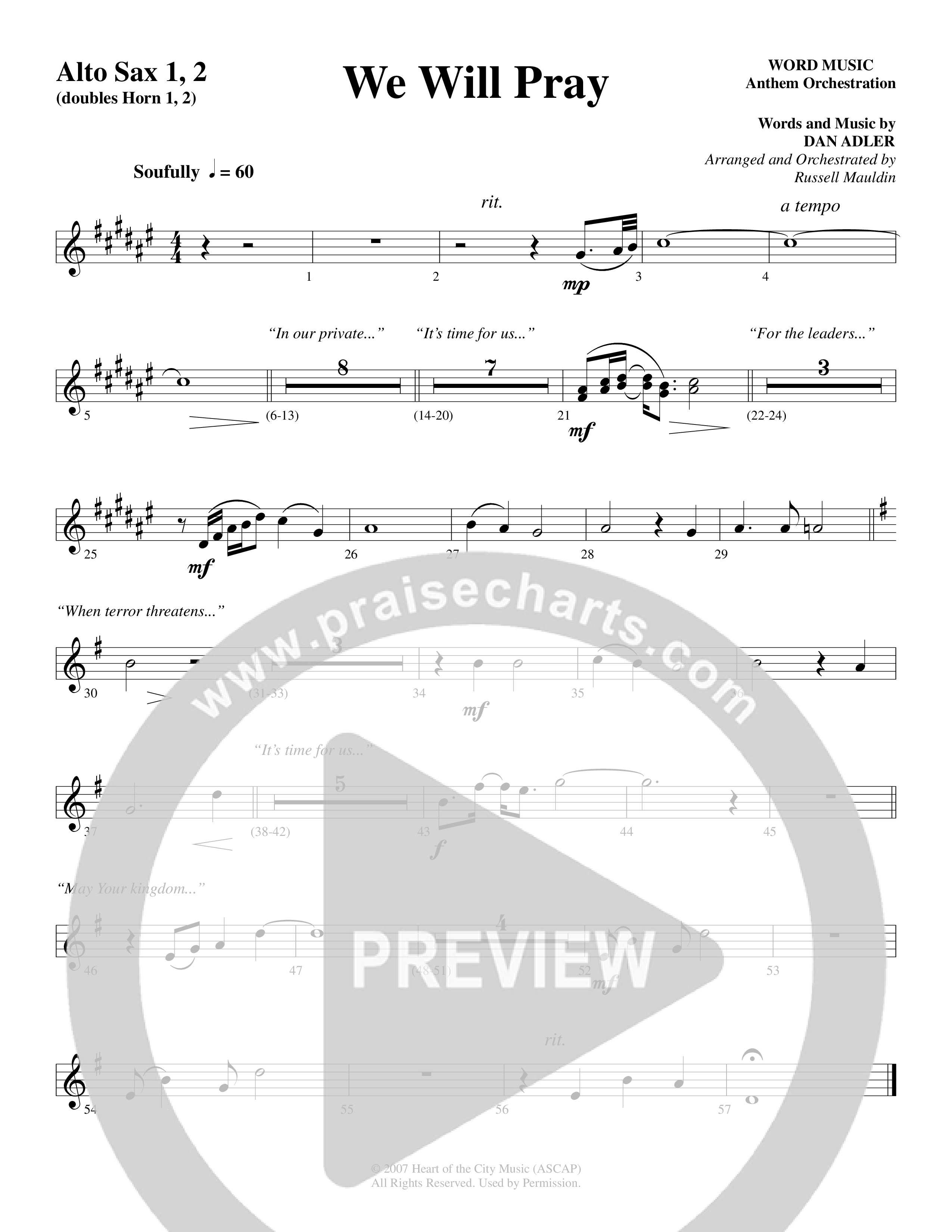 We Will Pray (Choral Anthem SATB) Alto Sax 1/2 (Dan Adler / Word Music Choral)