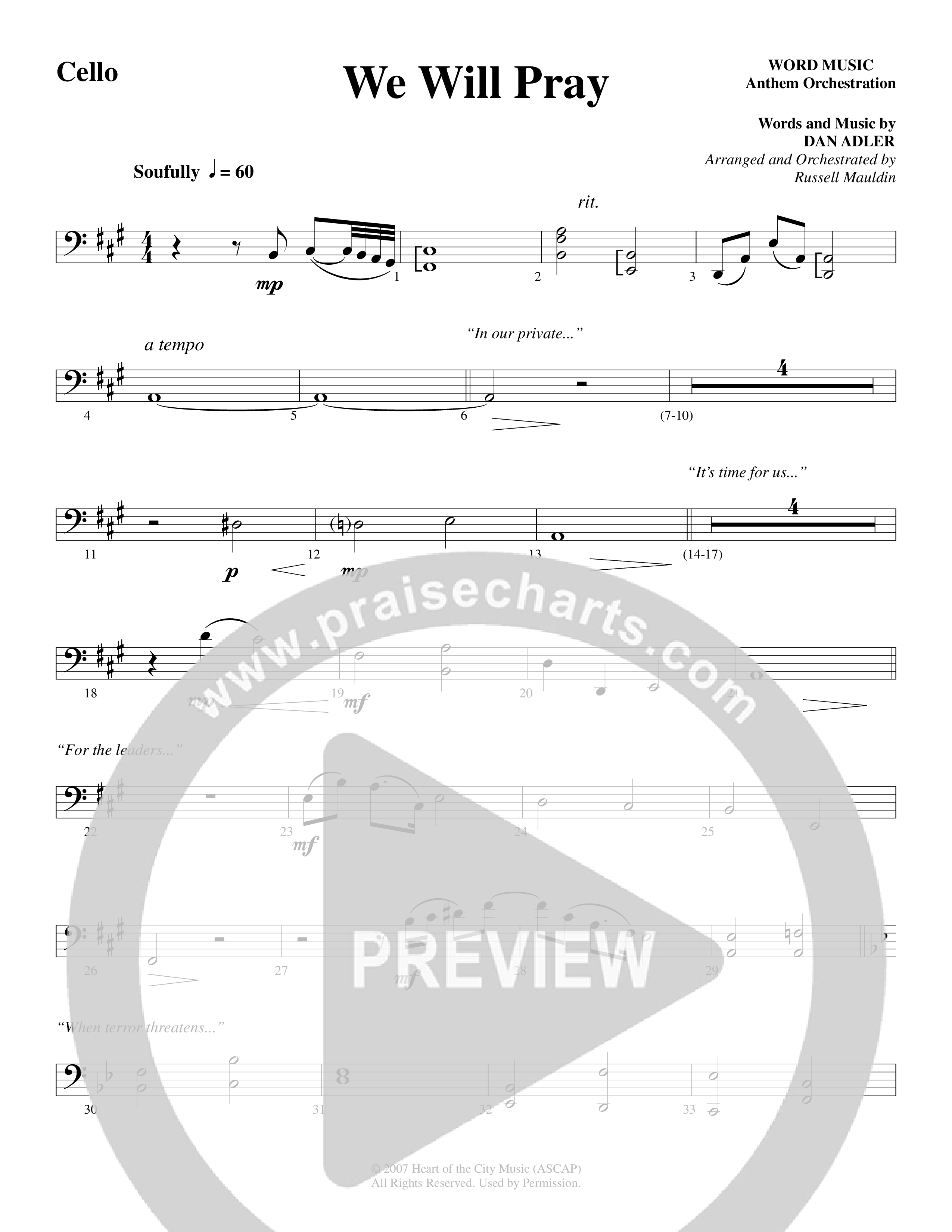 We Will Pray (Choral Anthem SATB) Cello (Dan Adler / Word Music Choral)