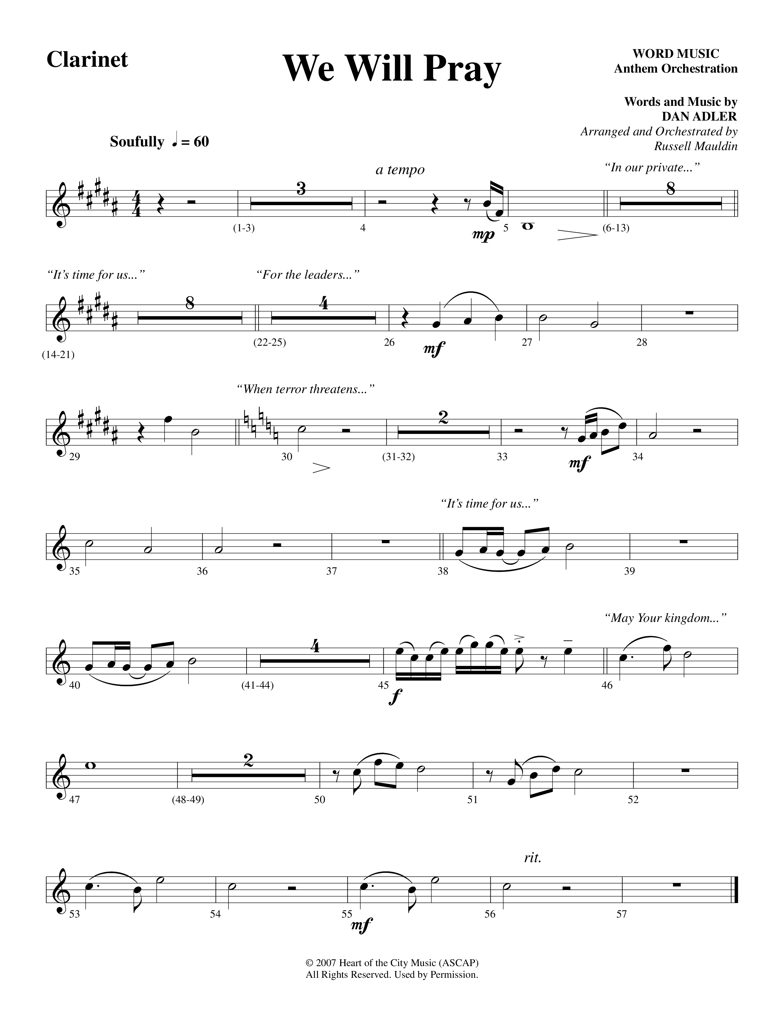 We Will Pray (Choral Anthem SATB) Clarinet (Dan Adler / Word Music Choral)