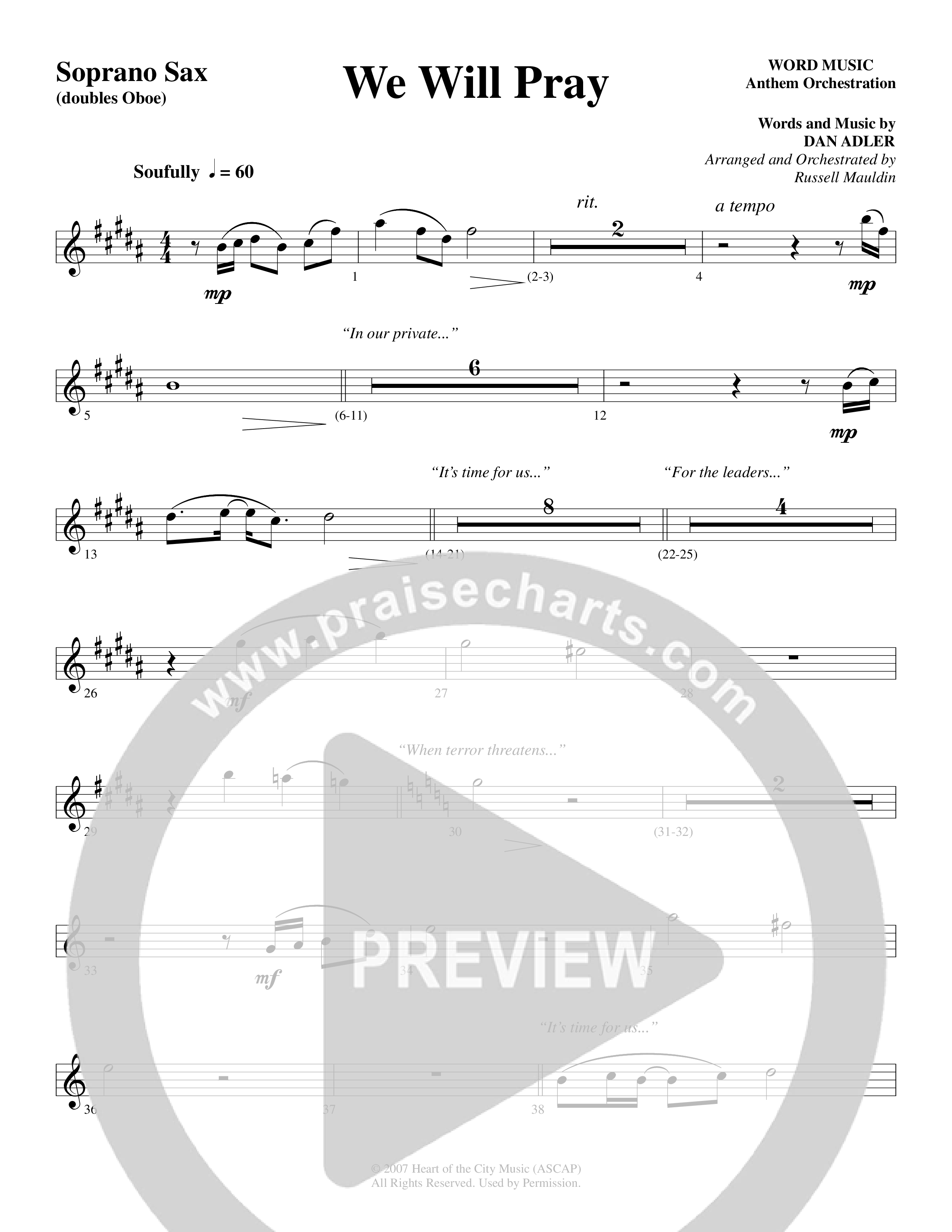 We Will Pray (Choral Anthem SATB) Soprano Sax (Dan Adler / Word Music Choral)