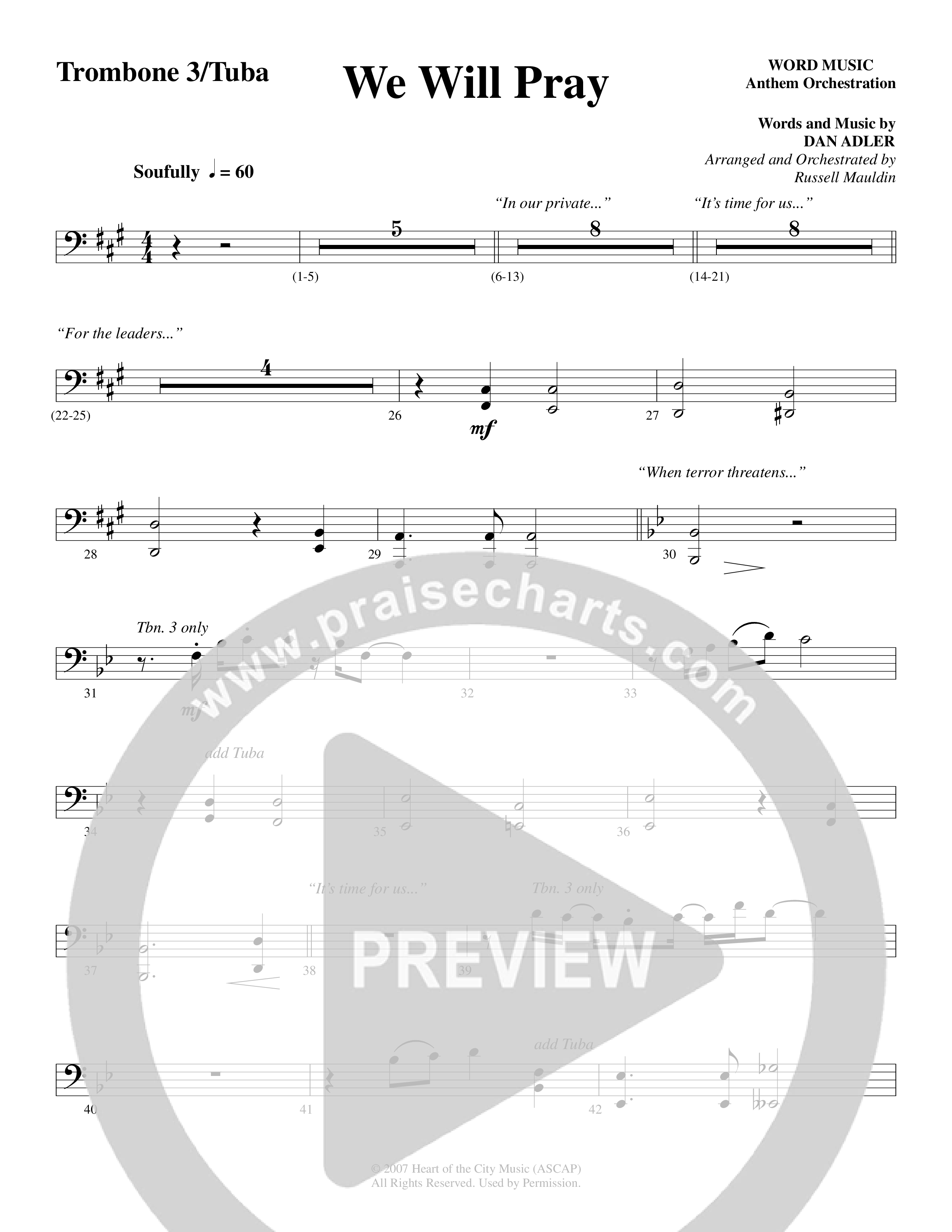 We Will Pray (Choral Anthem SATB) Trombone 3/Tuba (Dan Adler / Word Music Choral)