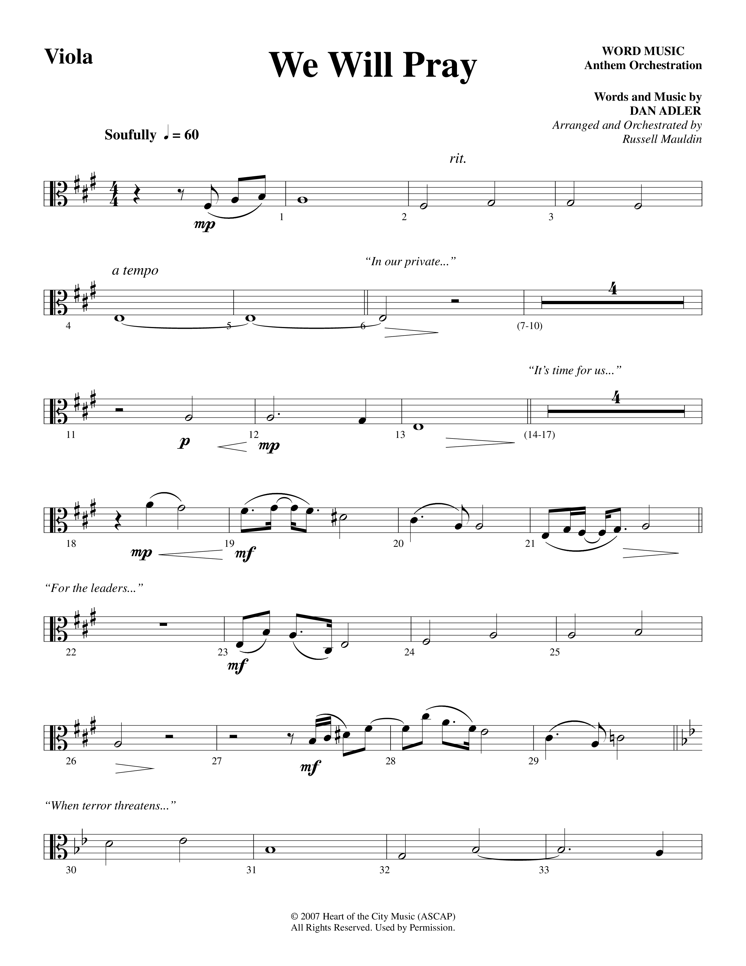 We Will Pray (Choral Anthem SATB) Viola (Dan Adler / Word Music Choral)