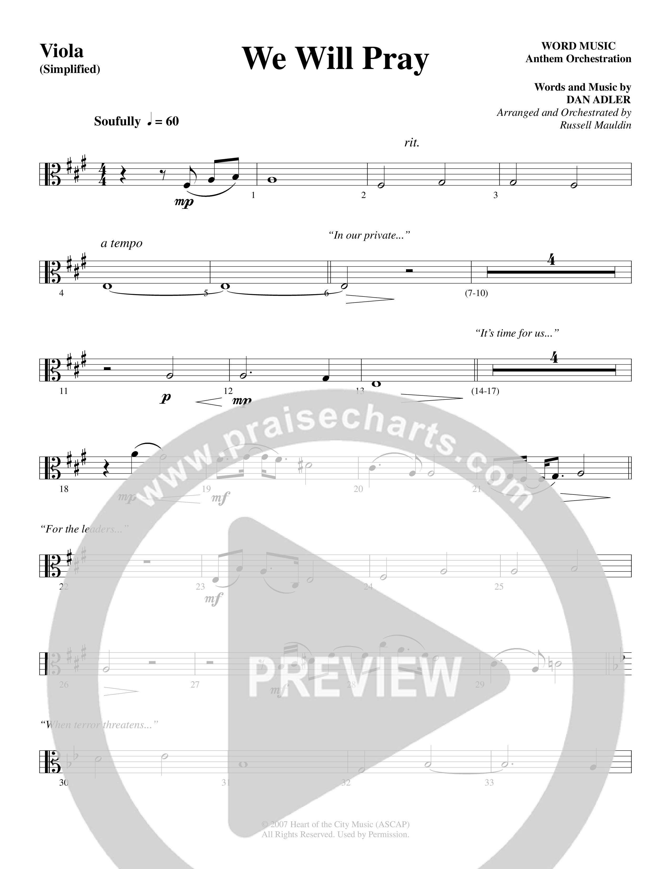 We Will Pray (Choral Anthem SATB) Viola (Dan Adler / Word Music Choral)