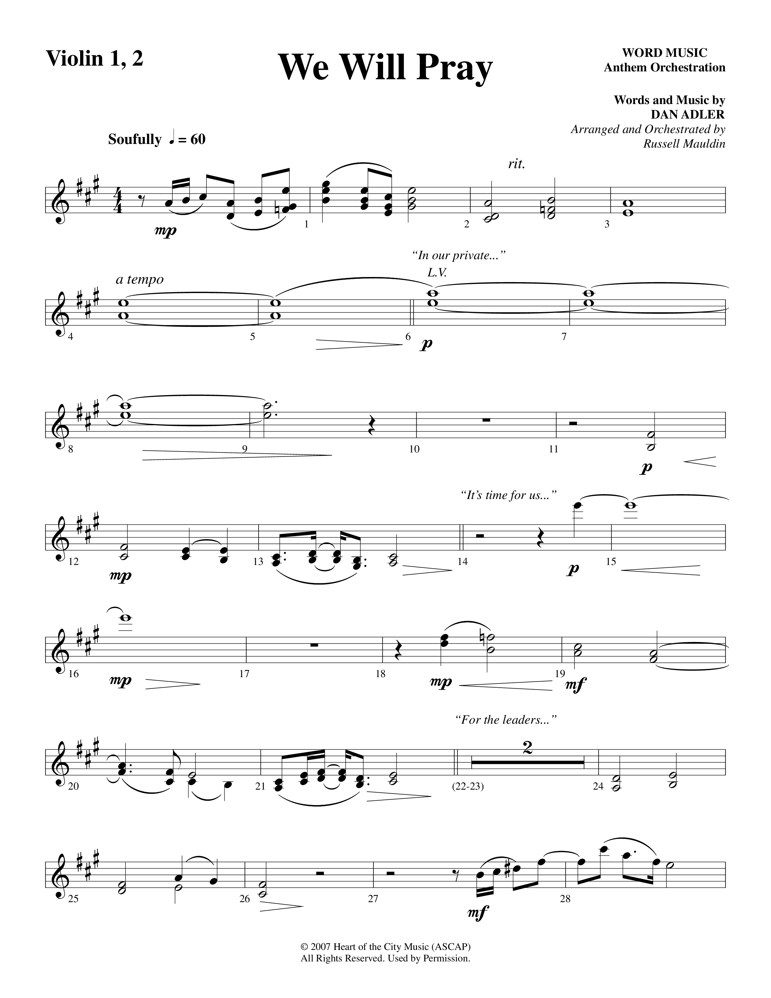 We Will Pray (Choral Anthem SATB) Violin 1/2 (Dan Adler / Word Music Choral)