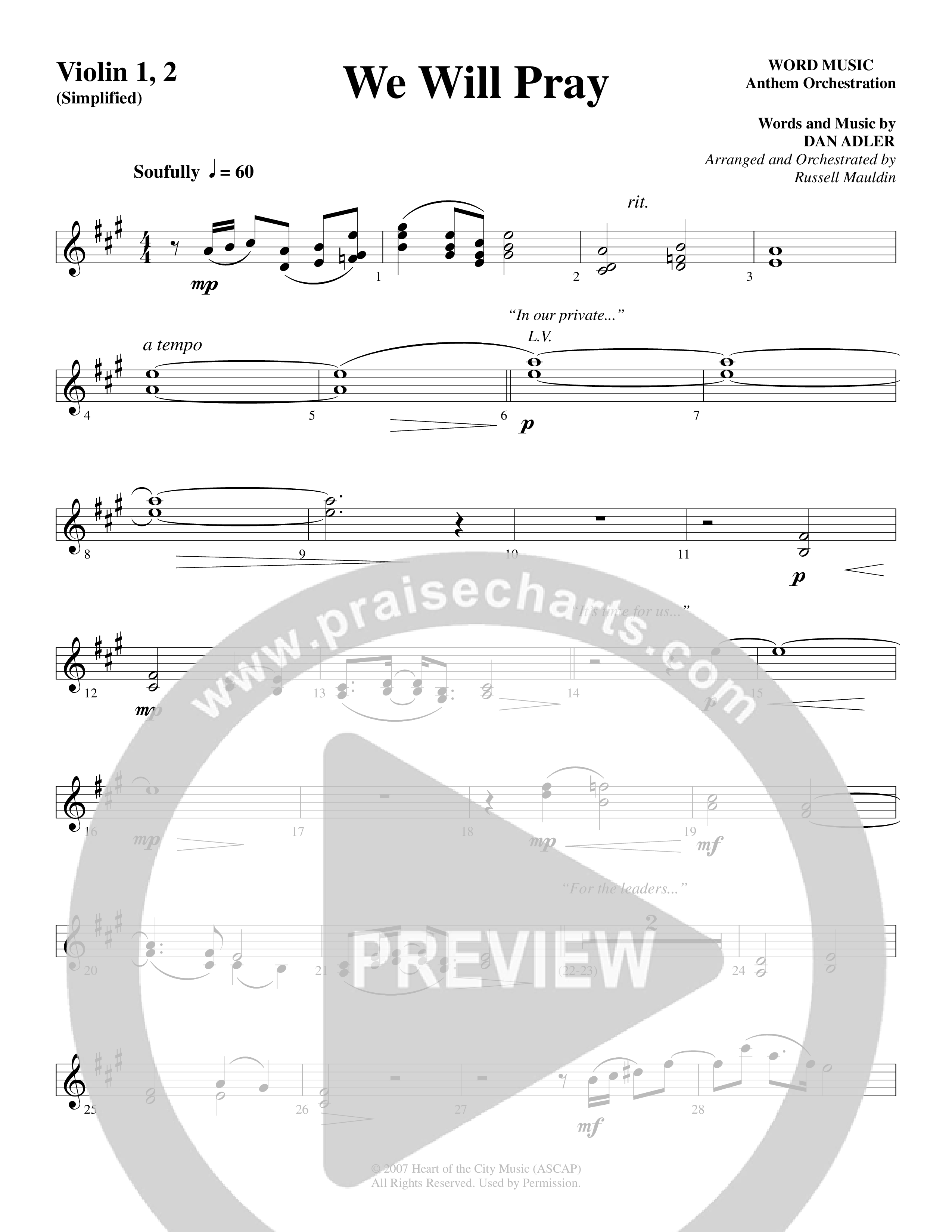 We Will Pray (Choral Anthem SATB) Violin 1/2 (Dan Adler / Word Music Choral)