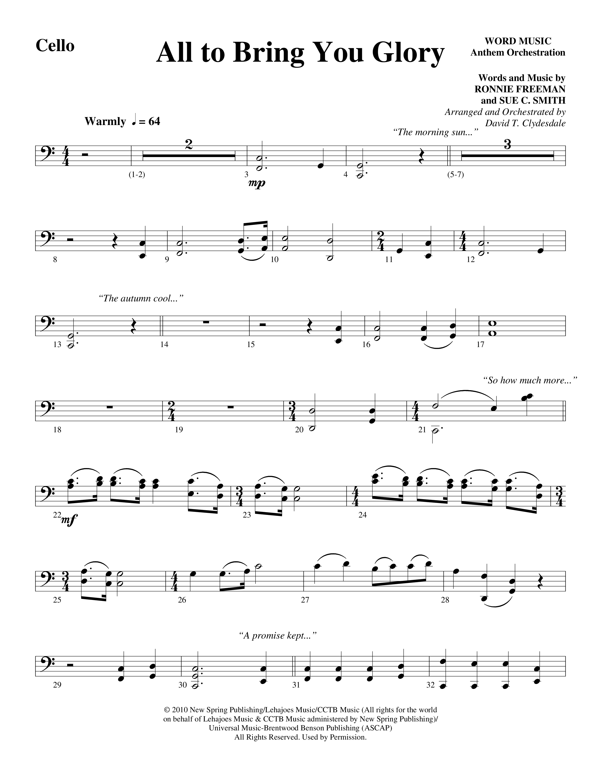 All To Bring You Glory (Choral Anthem SATB) Cello (Arr. David T. Clydesdale / Word Music Choral)