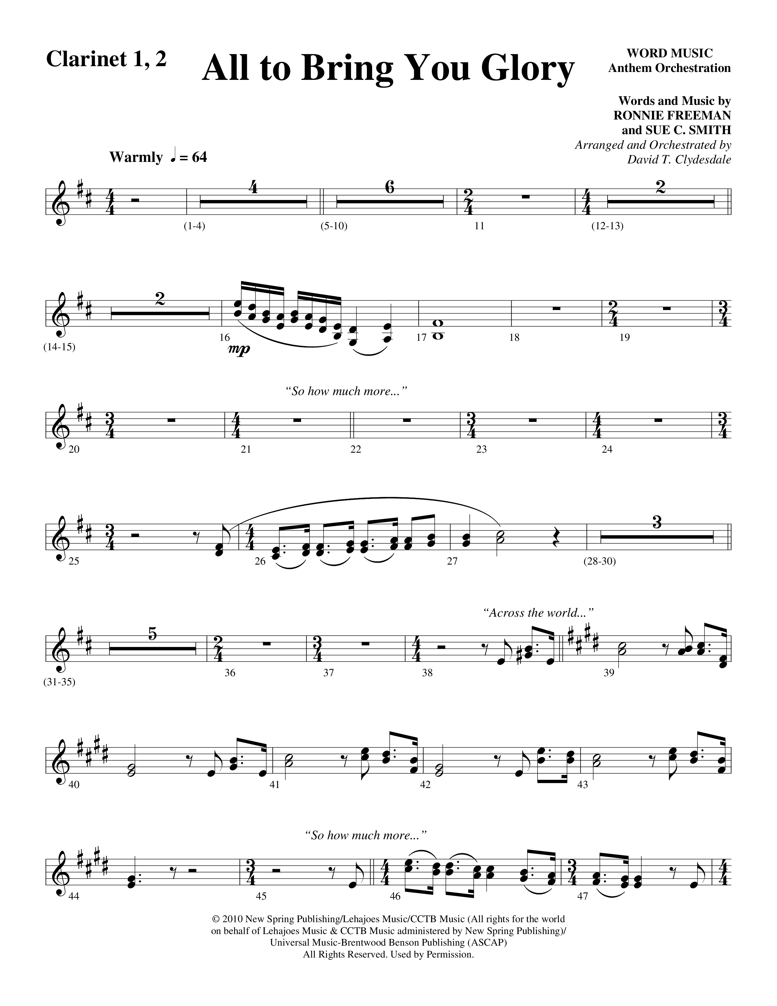 All To Bring You Glory (Choral Anthem SATB) Clarinet (Arr. David T. Clydesdale / Word Music Choral)