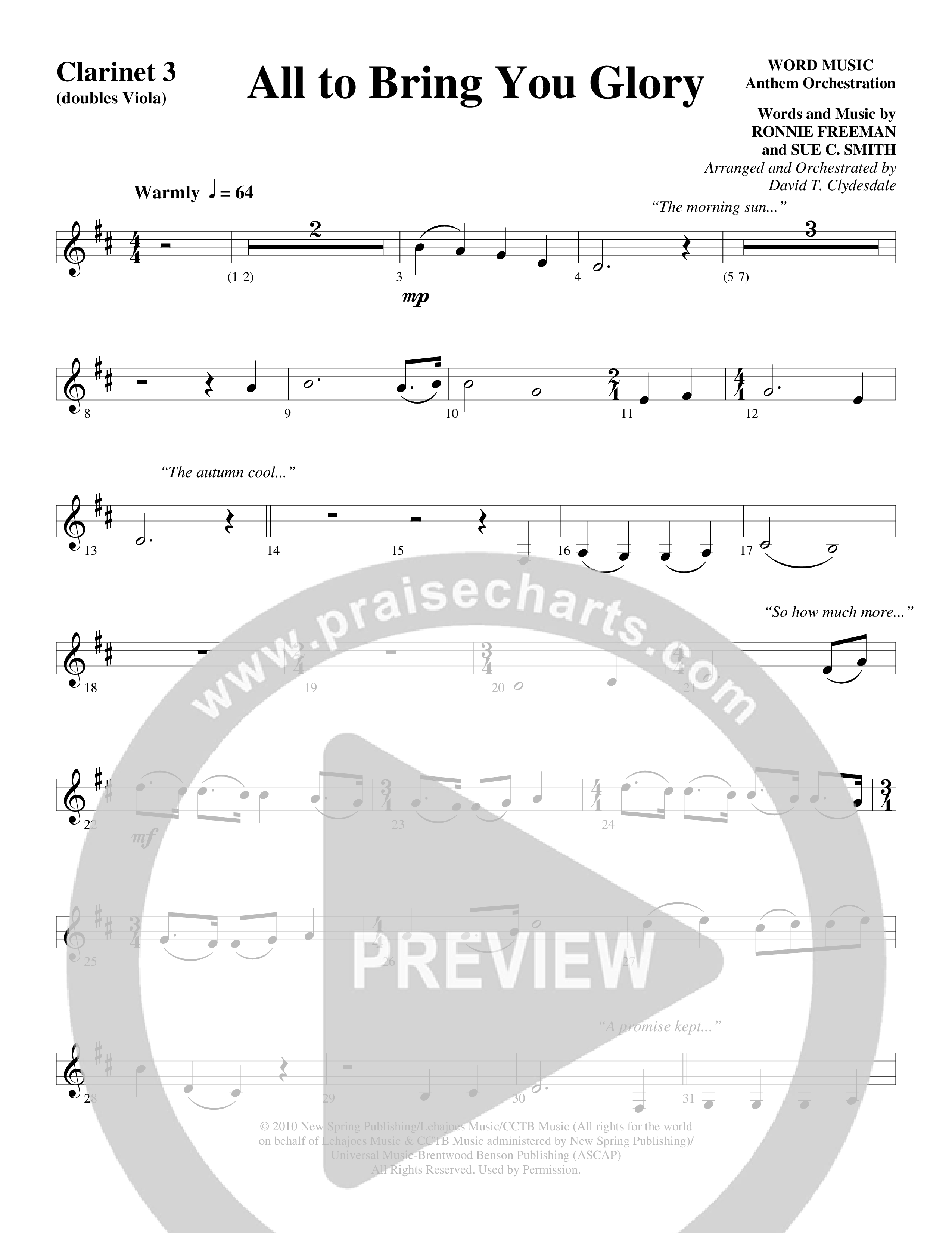 All To Bring You Glory (Choral Anthem SATB) Clarinet (Arr. David T. Clydesdale / Word Music Choral)