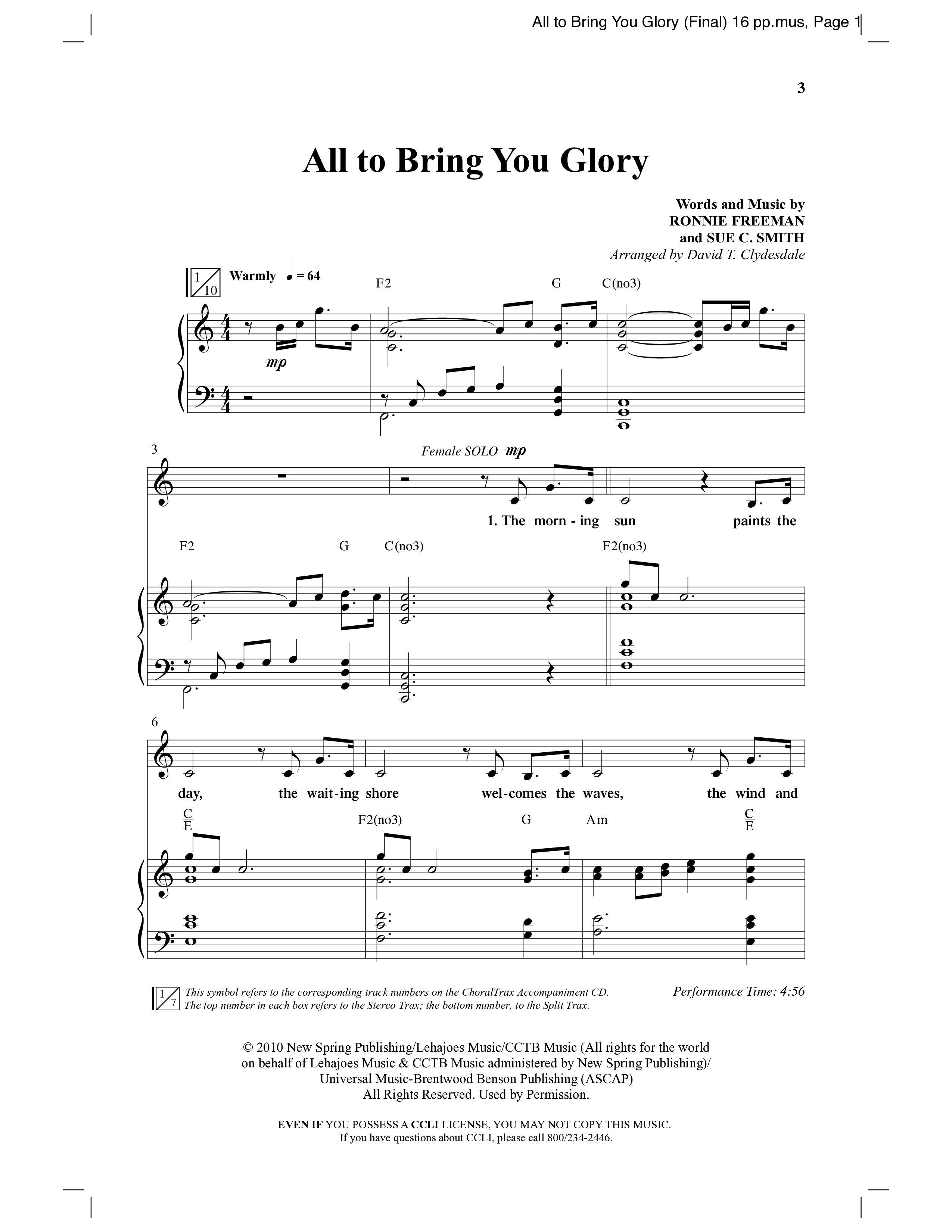 All To Bring You Glory (Choral Anthem SATB) Anthem (SATB/Piano) (Arr. David T. Clydesdale / Word Music Choral)