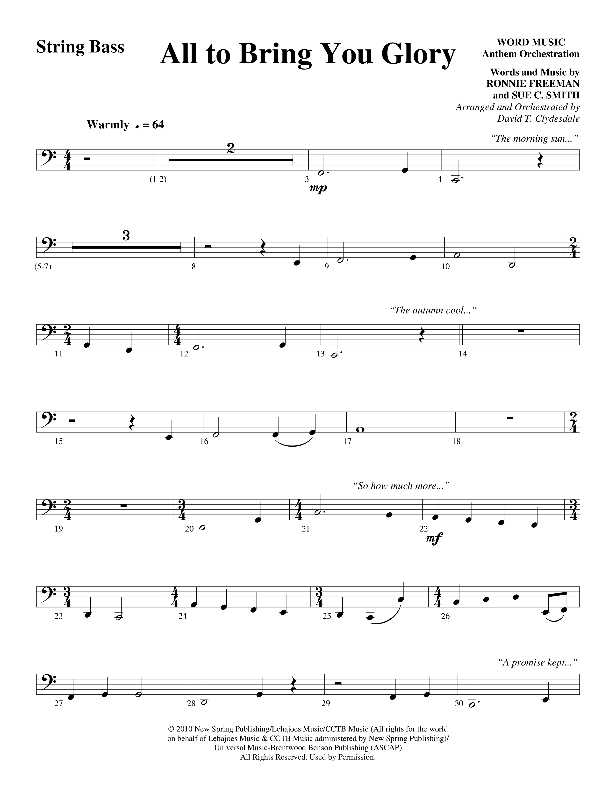 All To Bring You Glory (Choral Anthem SATB) String Bass (Arr. David T. Clydesdale / Word Music Choral)