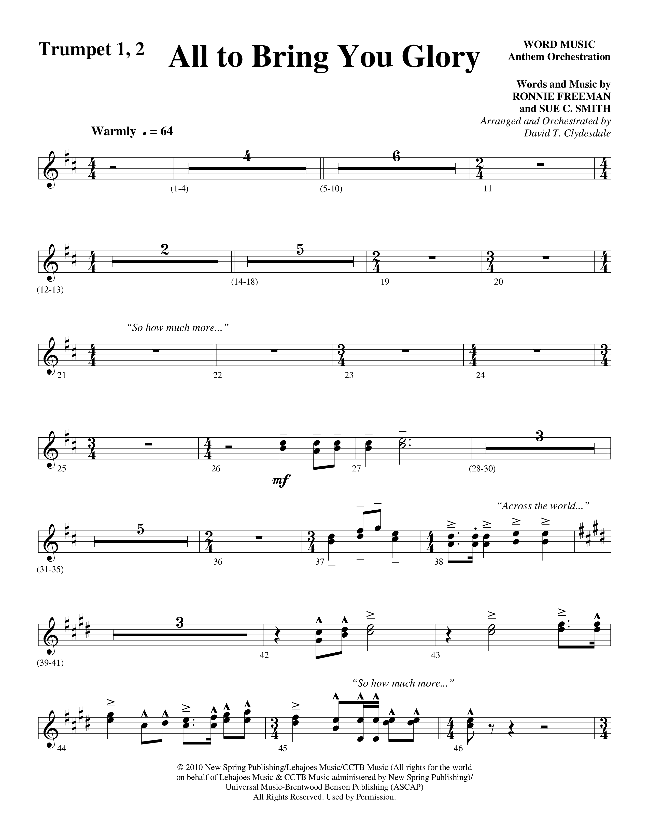 All To Bring You Glory (Choral Anthem SATB) Trumpet 1,2 (Arr. David T. Clydesdale / Word Music Choral)