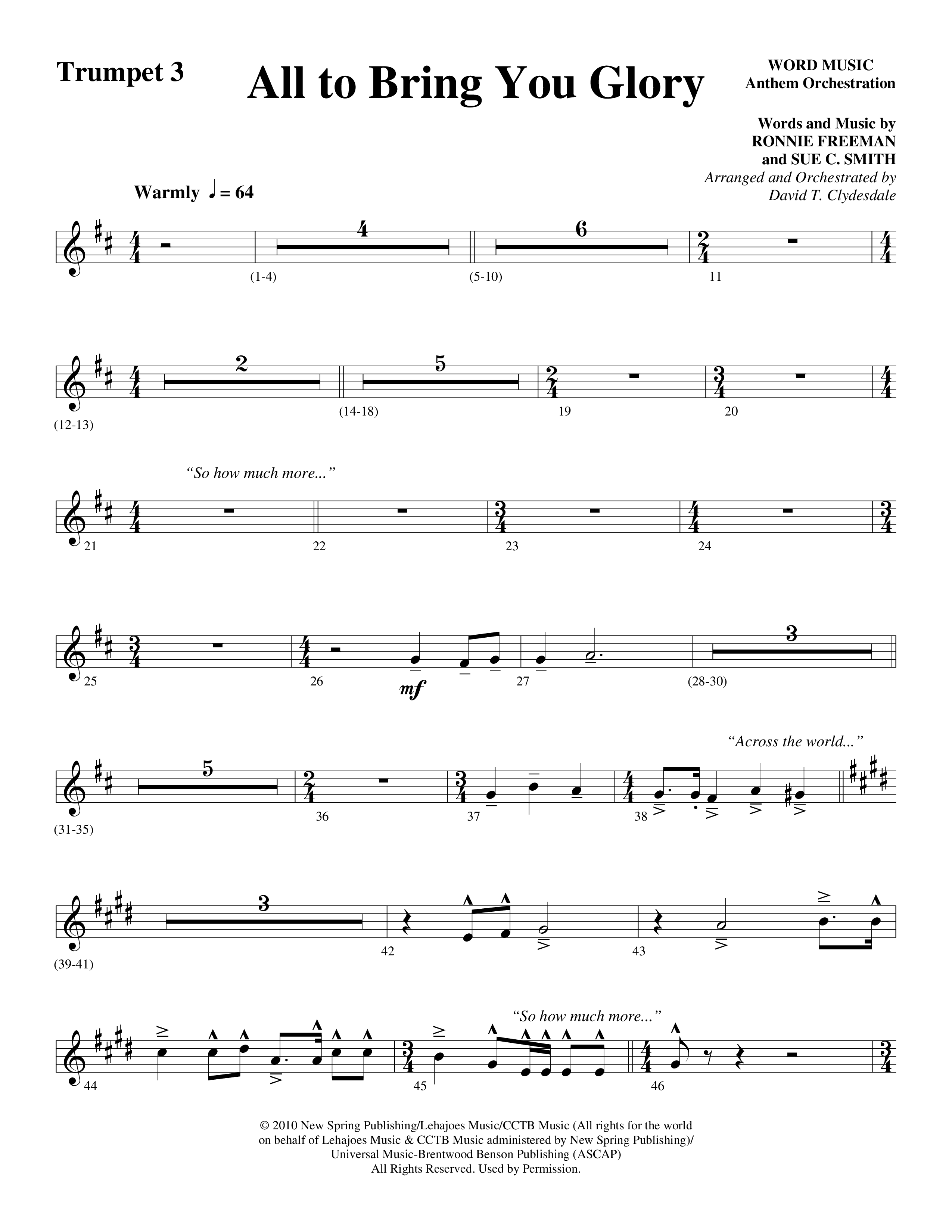 All To Bring You Glory (Choral Anthem SATB) Trumpet 3 (Arr. David T. Clydesdale / Word Music Choral)