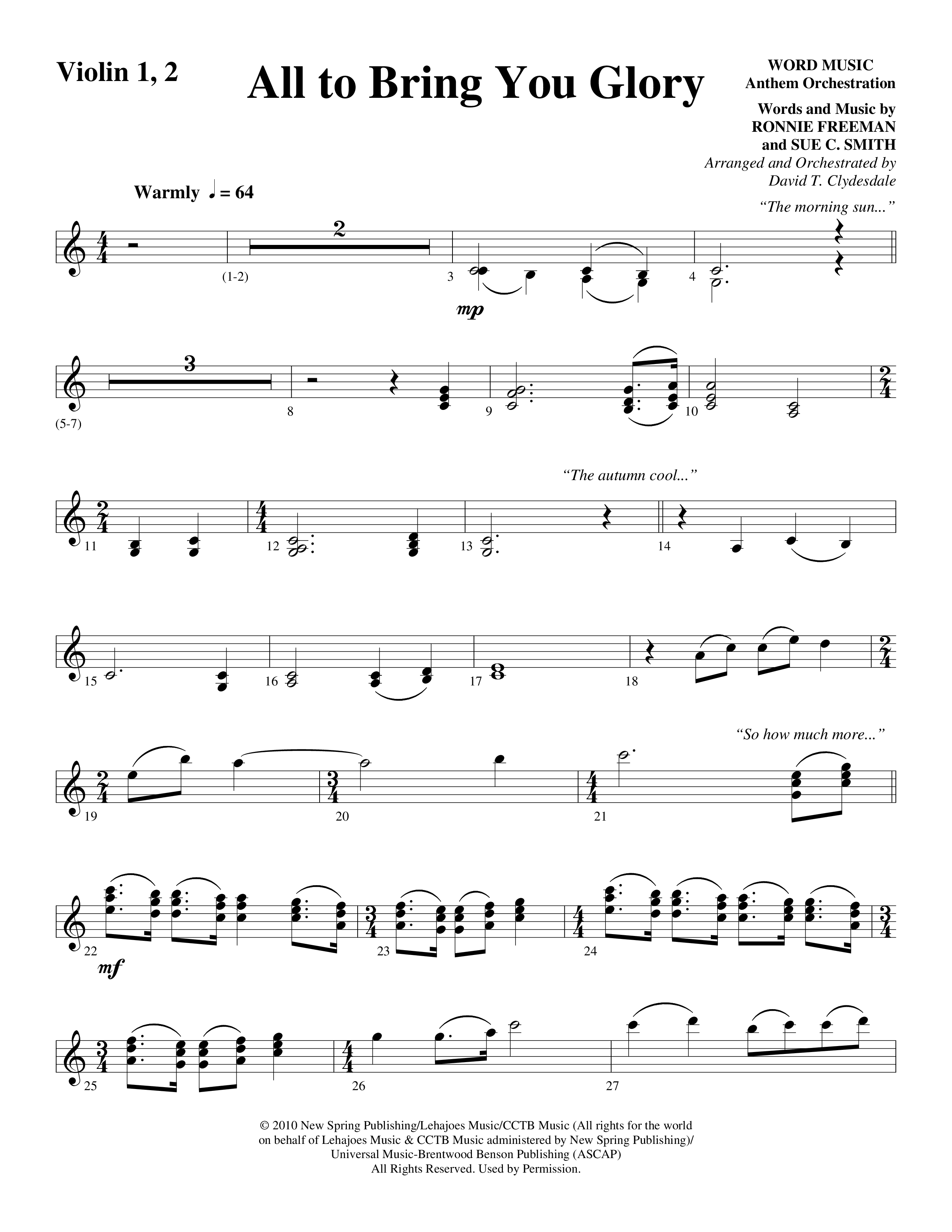 All To Bring You Glory (Choral Anthem SATB) Violin 1/2 (Arr. David T. Clydesdale / Word Music Choral)