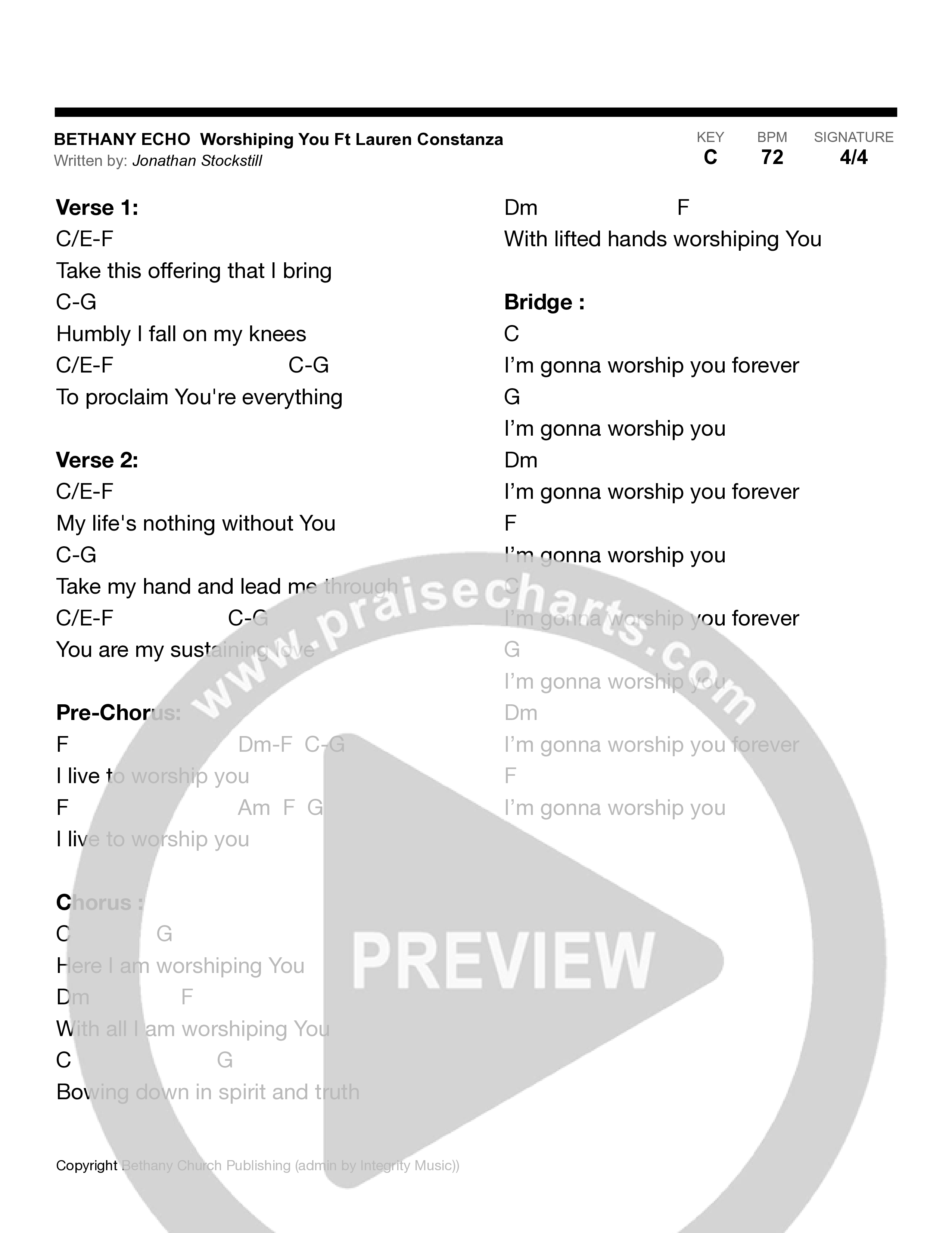 Worshiping You (Live) Chord Chart (Bethany Echo)