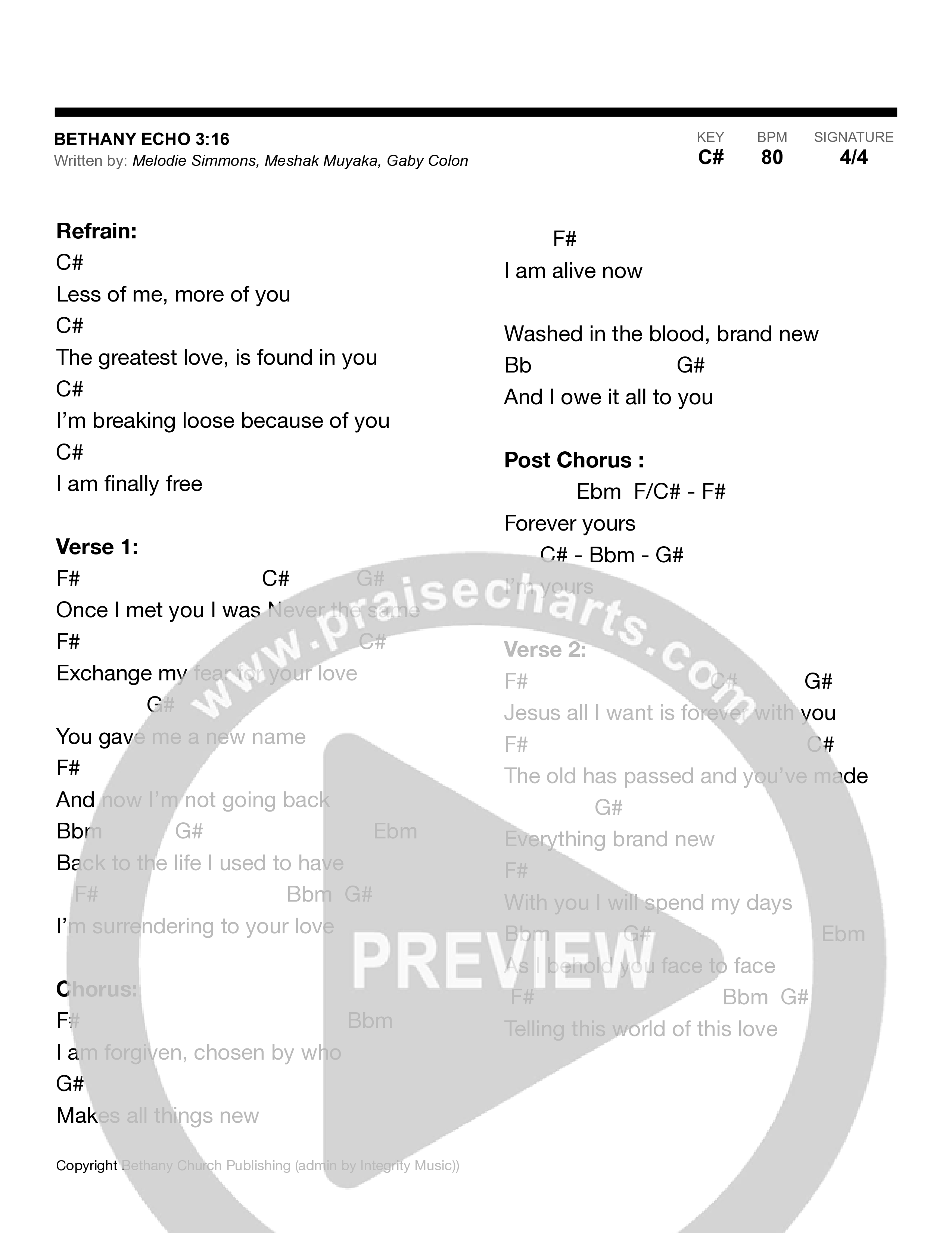 3:16 (Live) Chord Chart (Bethany Echo)
