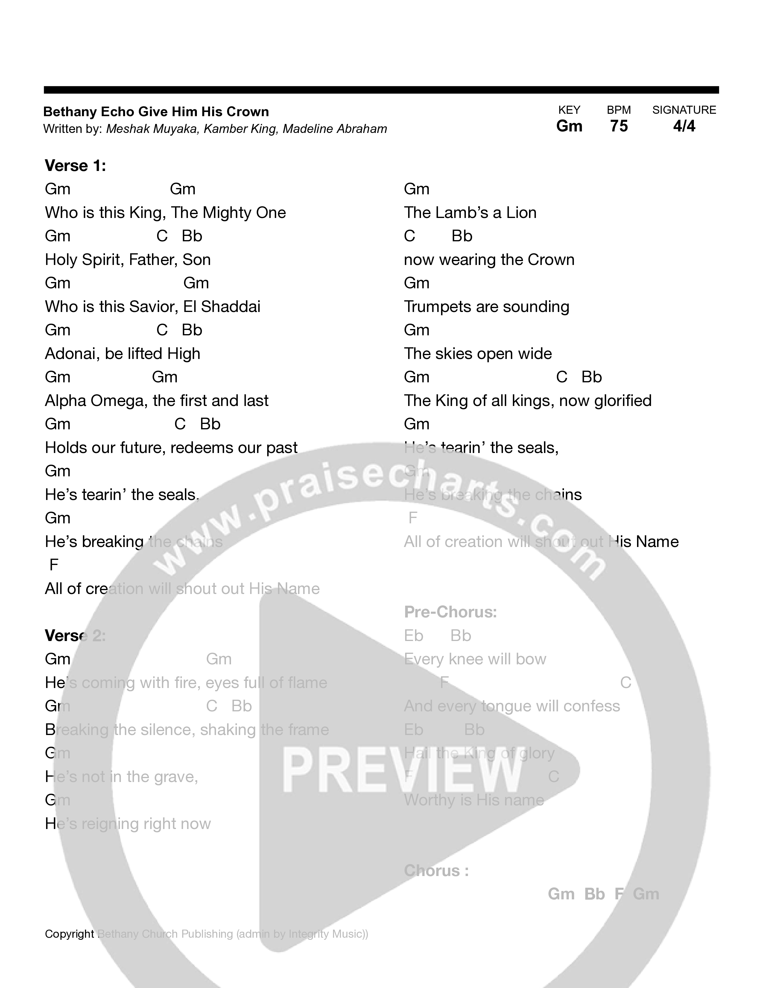 Give Him His Crown (Live) Chord Chart (Bethany Echo)
