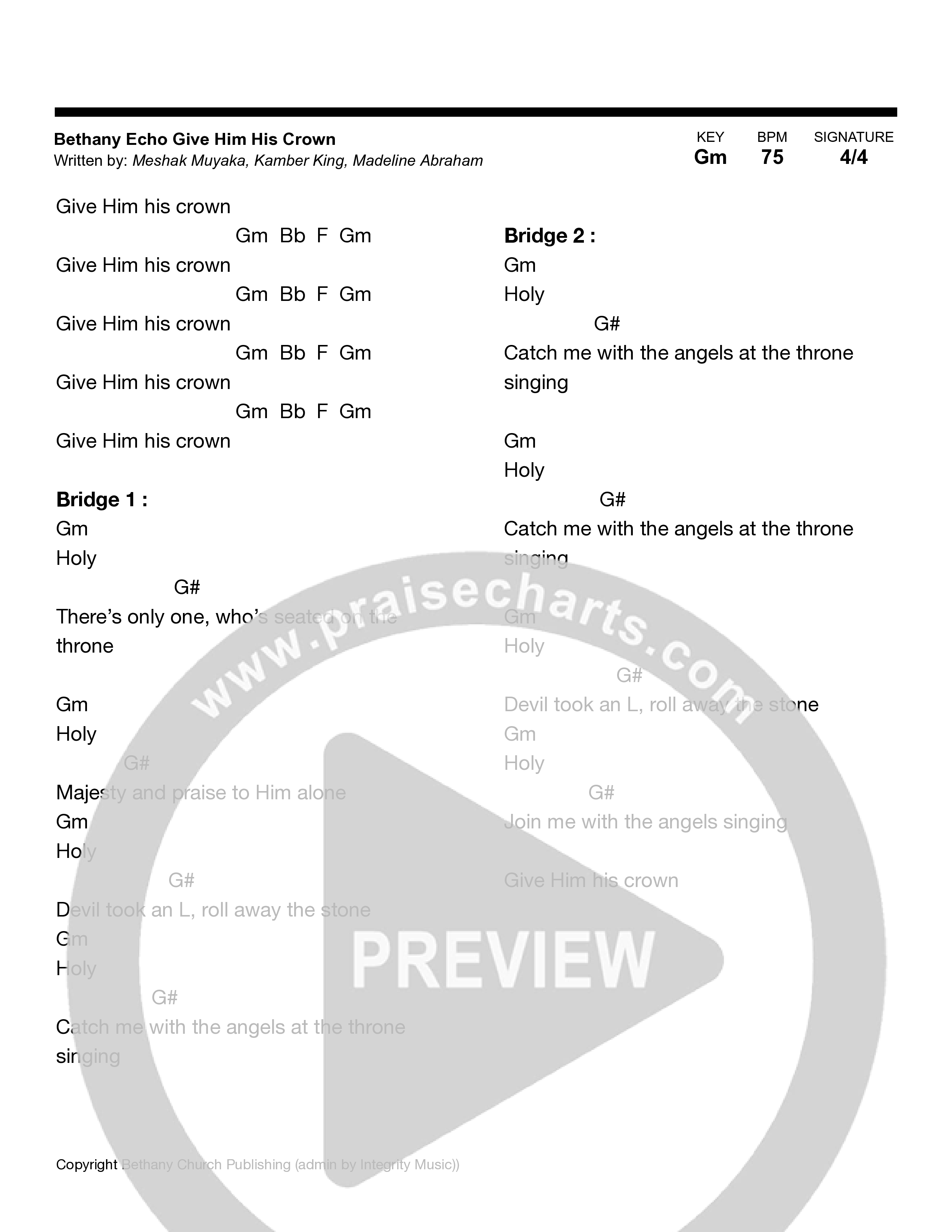 Give Him His Crown (Live) Chord Chart (Bethany Echo)