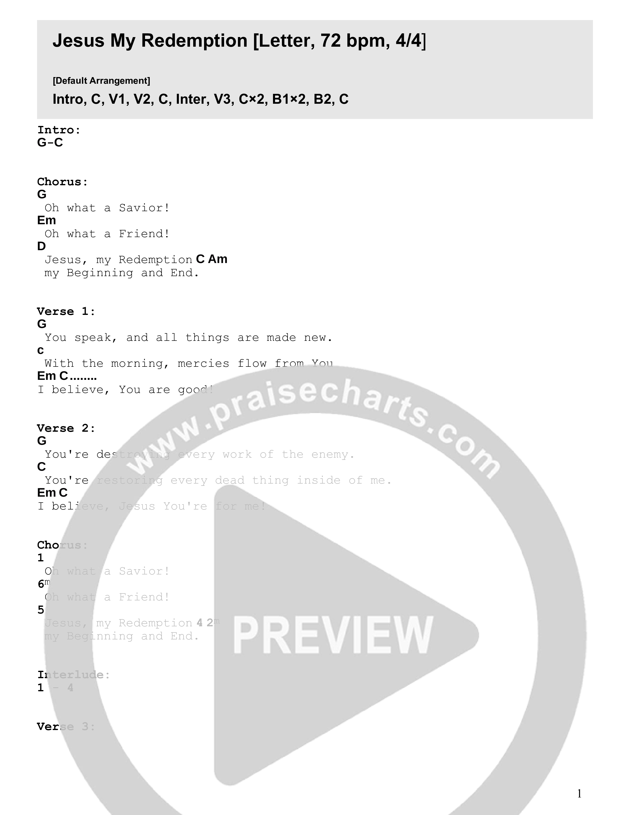 Jesus My Redemption Chord Chart (David Willis)