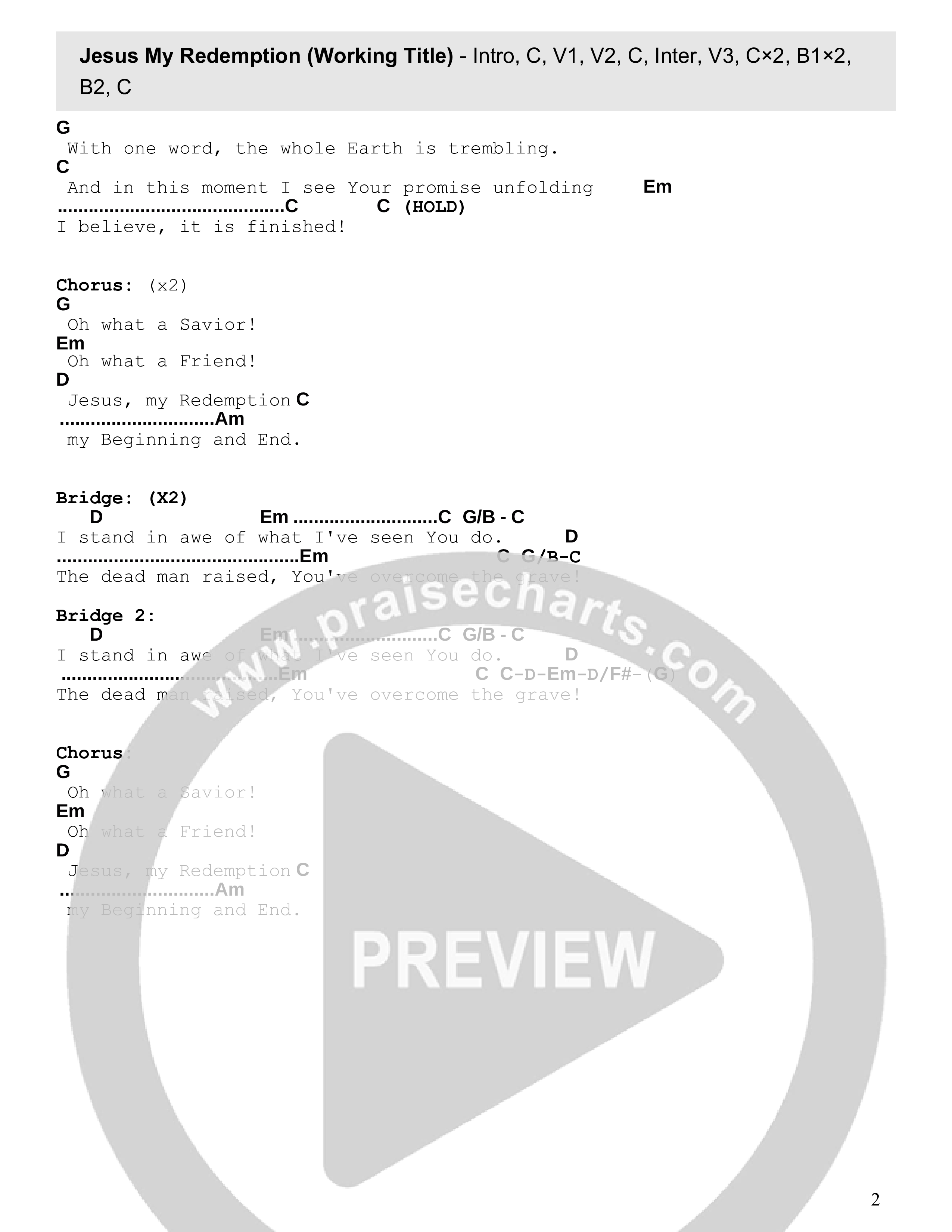 Jesus My Redemption Chord Chart (David Willis)