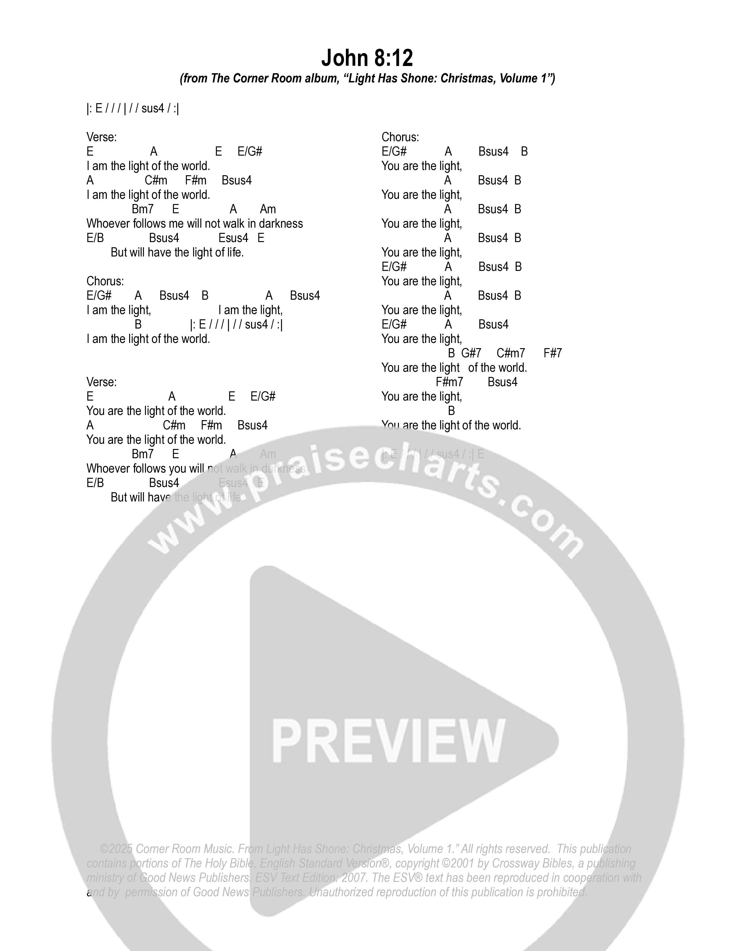 John 8:12 (English Standard Version) Chord Chart (The Corner Room)