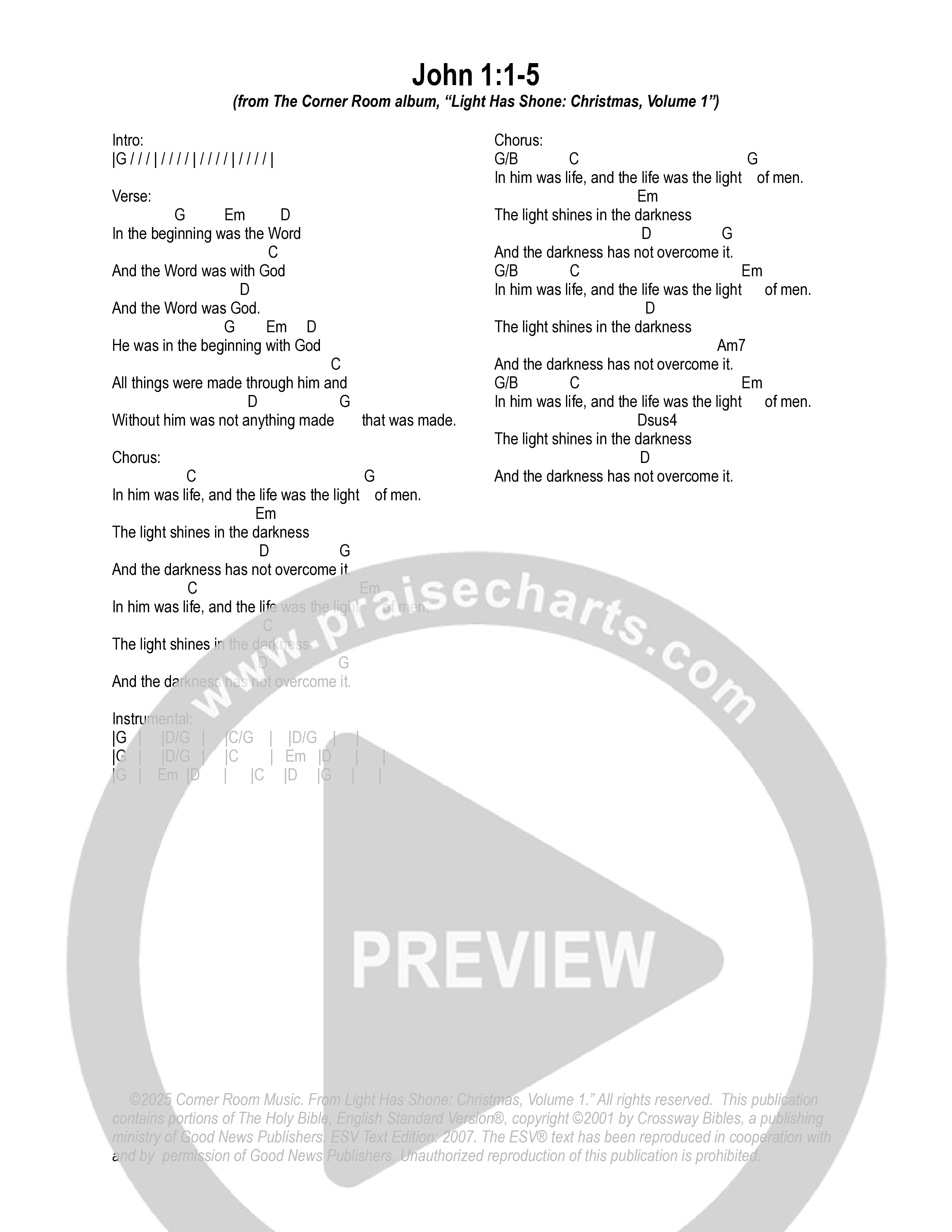 John 1:1-5 (English Standard Version) Chord Chart (The Corner Room)