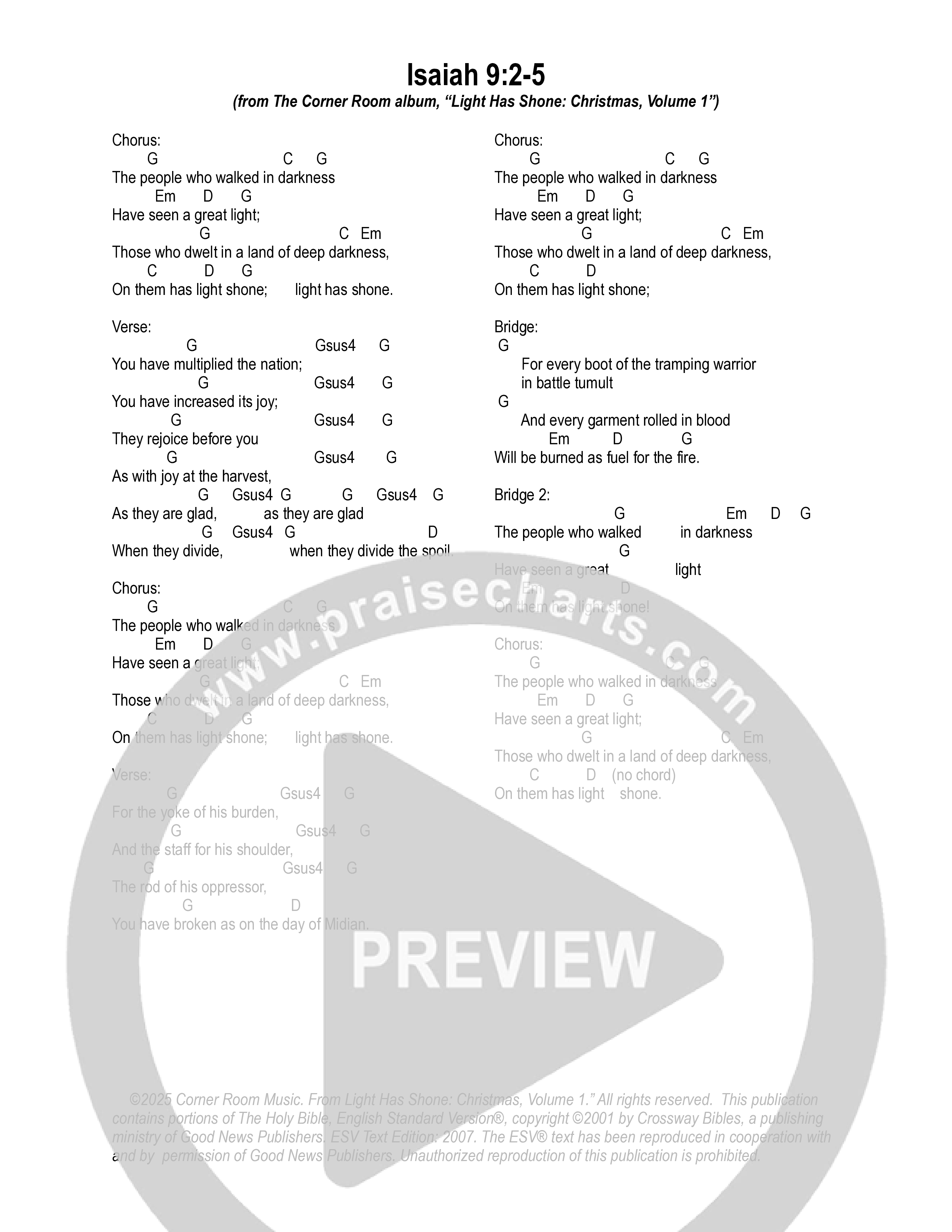 Isaiah 9:2-5  (English Standard Version) Chord Chart (The Corner Room)