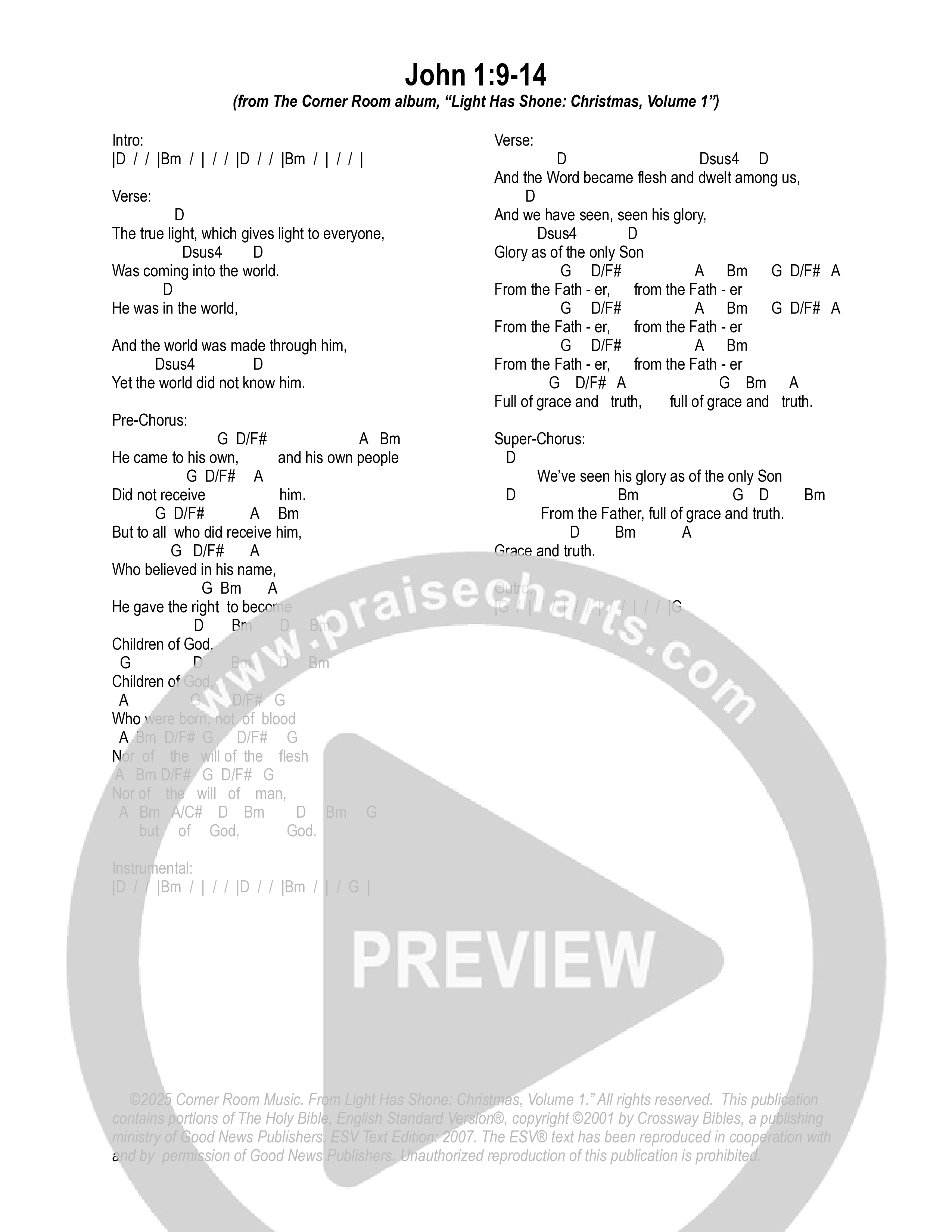 John 1:9-14 (English Standard Version) Chord Chart (The Corner Room)