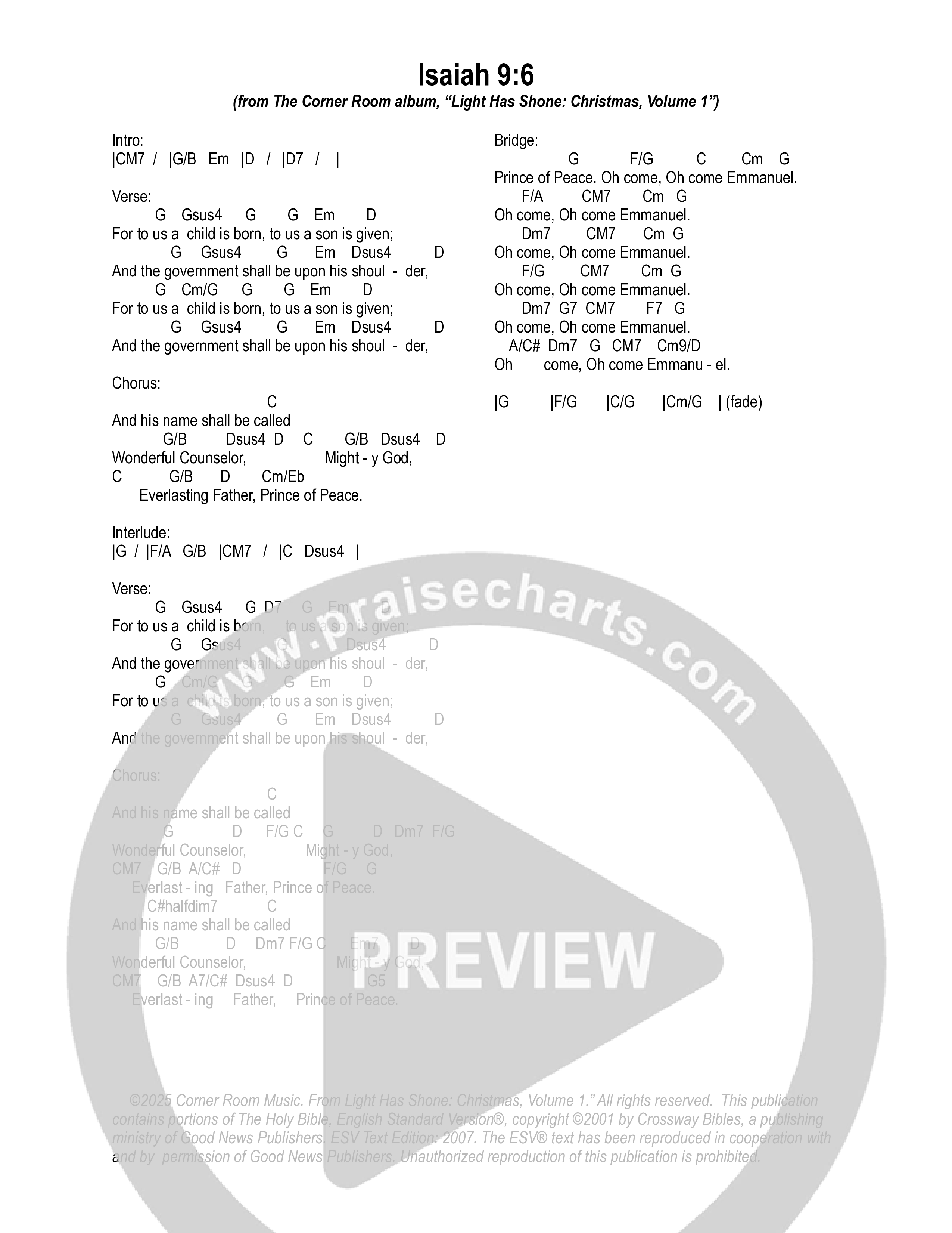 Isaiah 9:6 (English Standard Version) Chord Chart (The Corner Room)