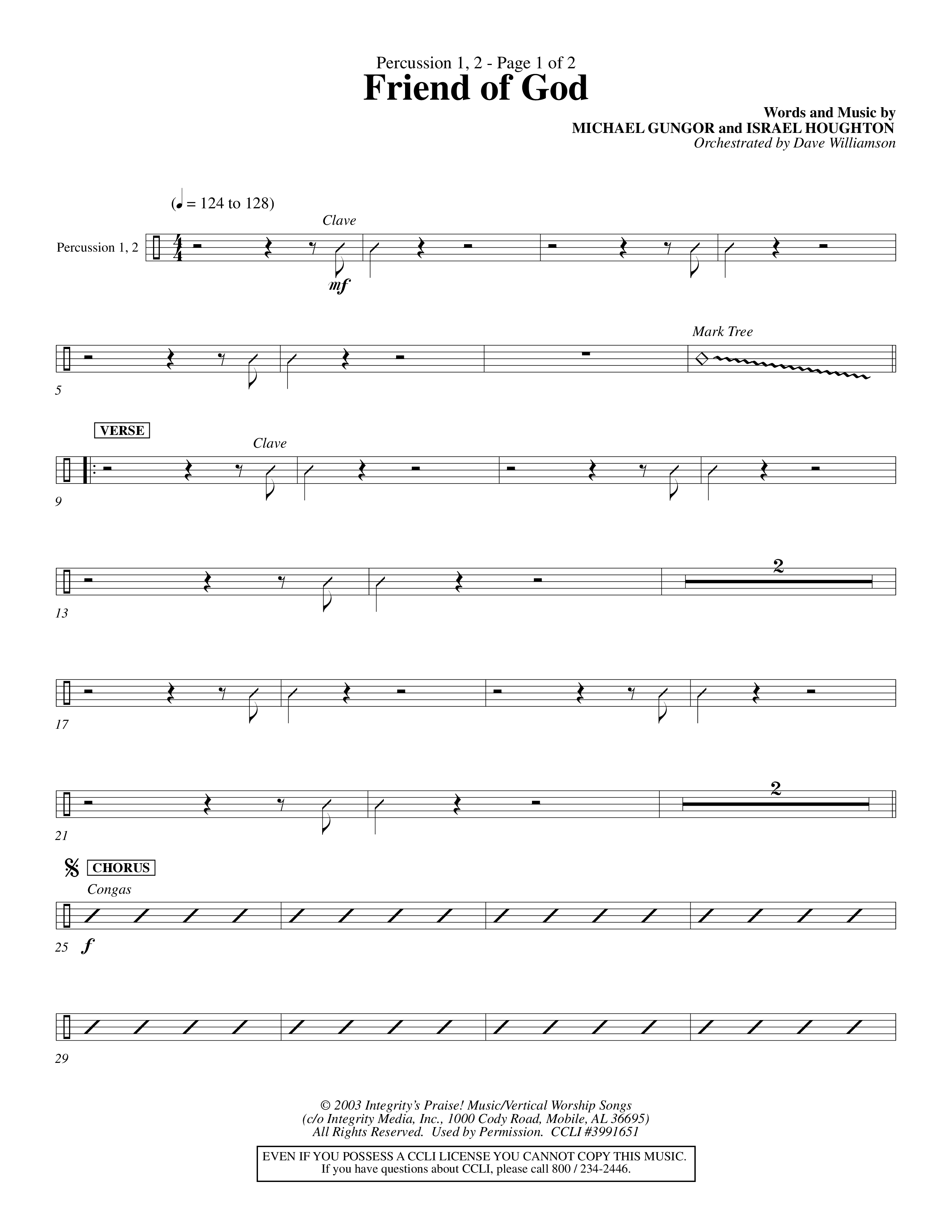 Friend Of God (Choral Anthem SATB) Percussion 1/2 (Word Music Choral / Orch. Dave Williamson)