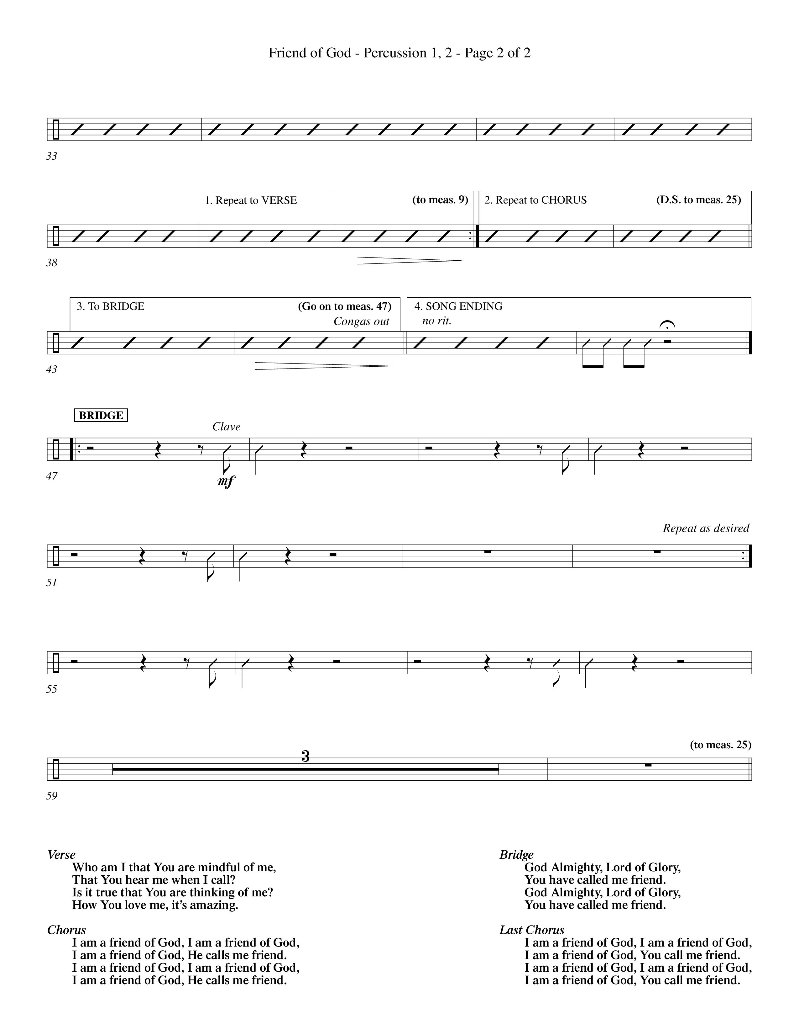 Friend Of God (Choral Anthem SATB) Percussion 1/2 (Word Music Choral / Orch. Dave Williamson)