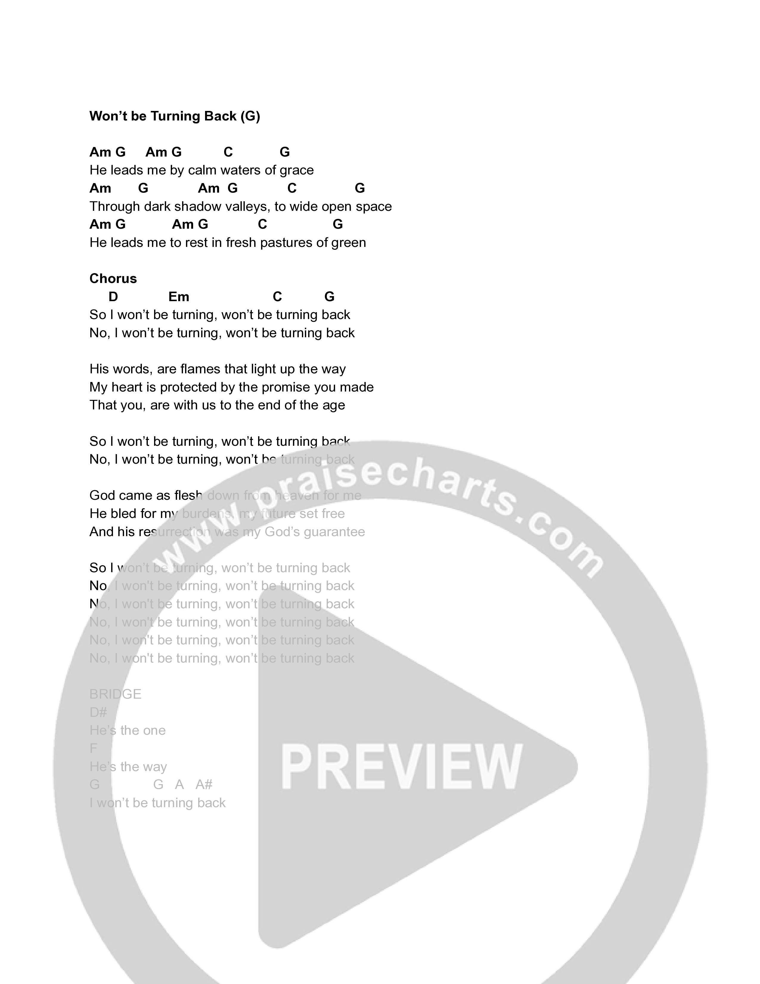 Won’t Be Turning Back (Live) Chord Chart (Freedom Church)
