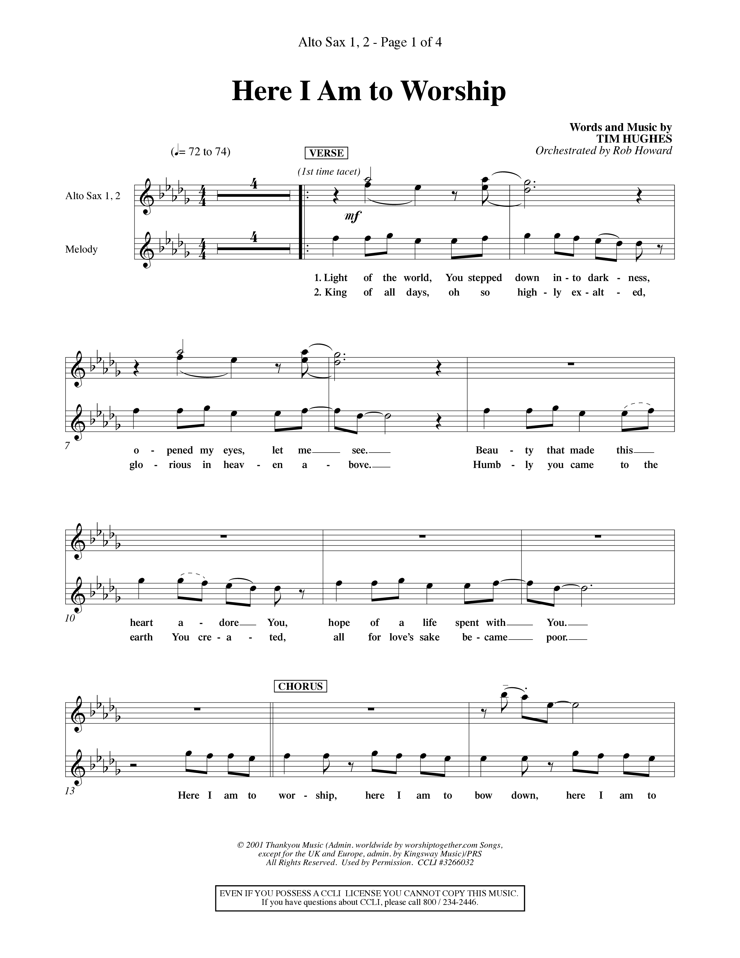 Here I Am To Worship (Choral Anthem SATB) Alto Sax 1/2 (Word Music Choral / Orch. Rob Howard)