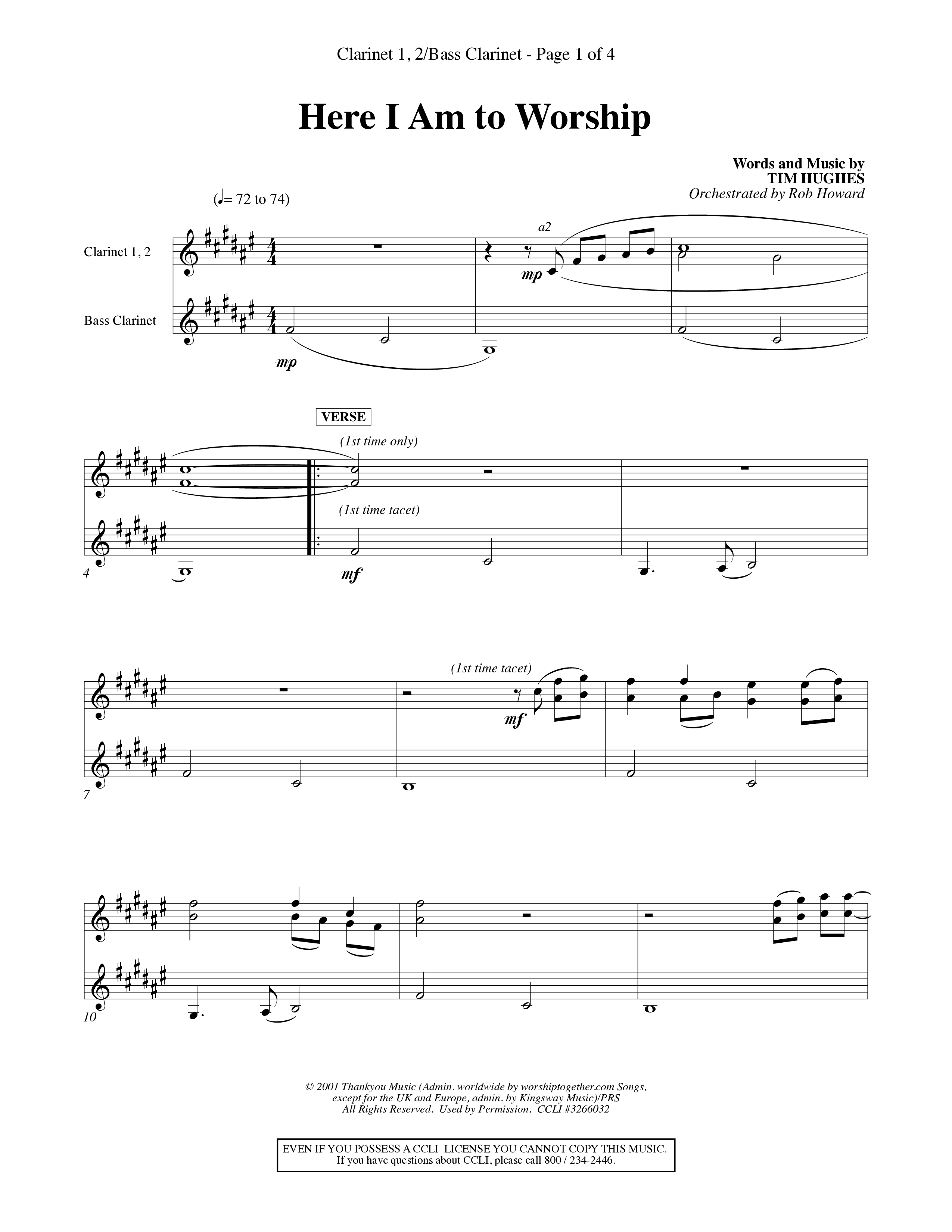 Here I Am To Worship (Choral Anthem SATB) Clarinet 1/2, Bass Clarinet (Word Music Choral / Orch. Rob Howard)