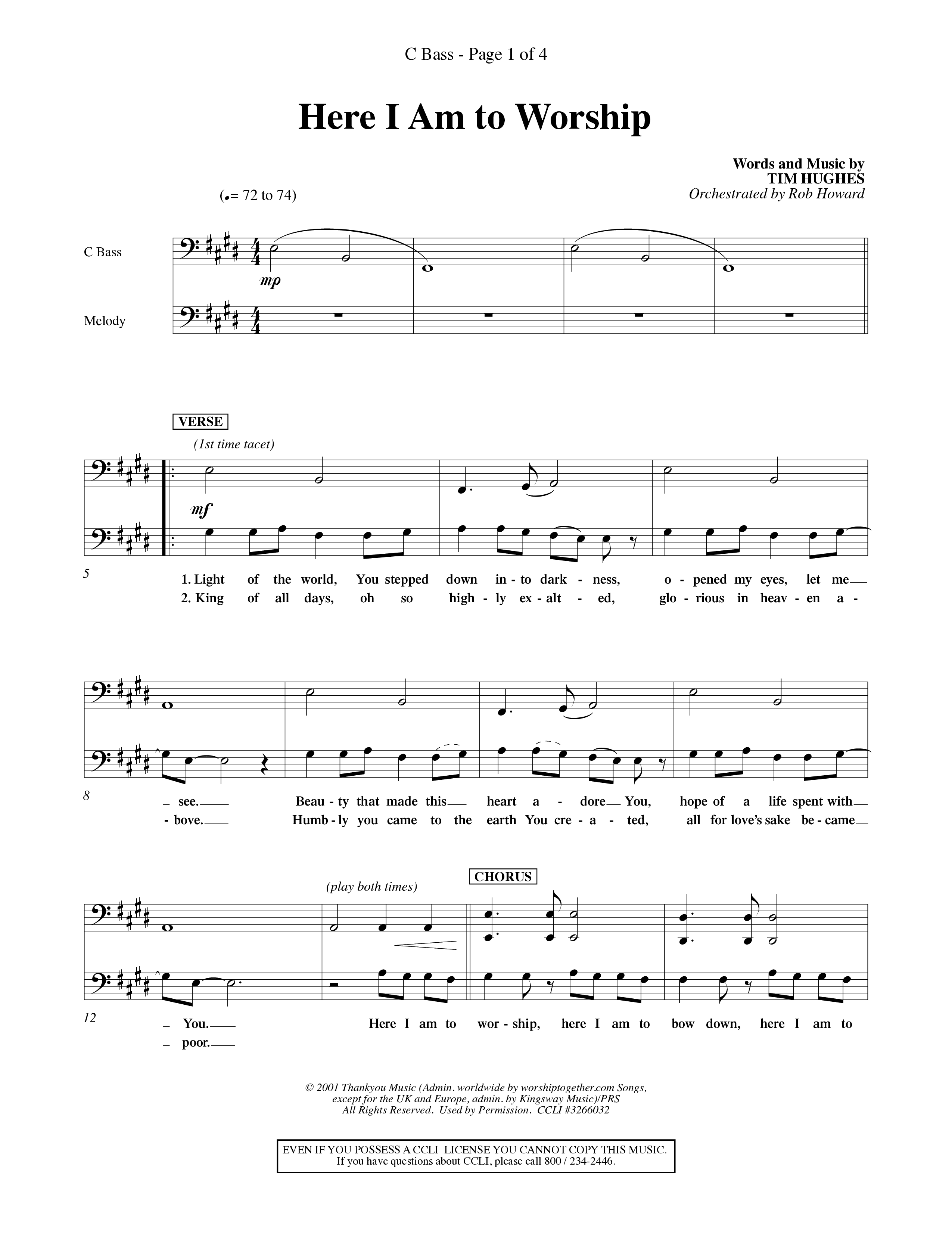 Here I Am To Worship (Choral Anthem SATB) Contrabass (Word Music Choral / Orch. Rob Howard)
