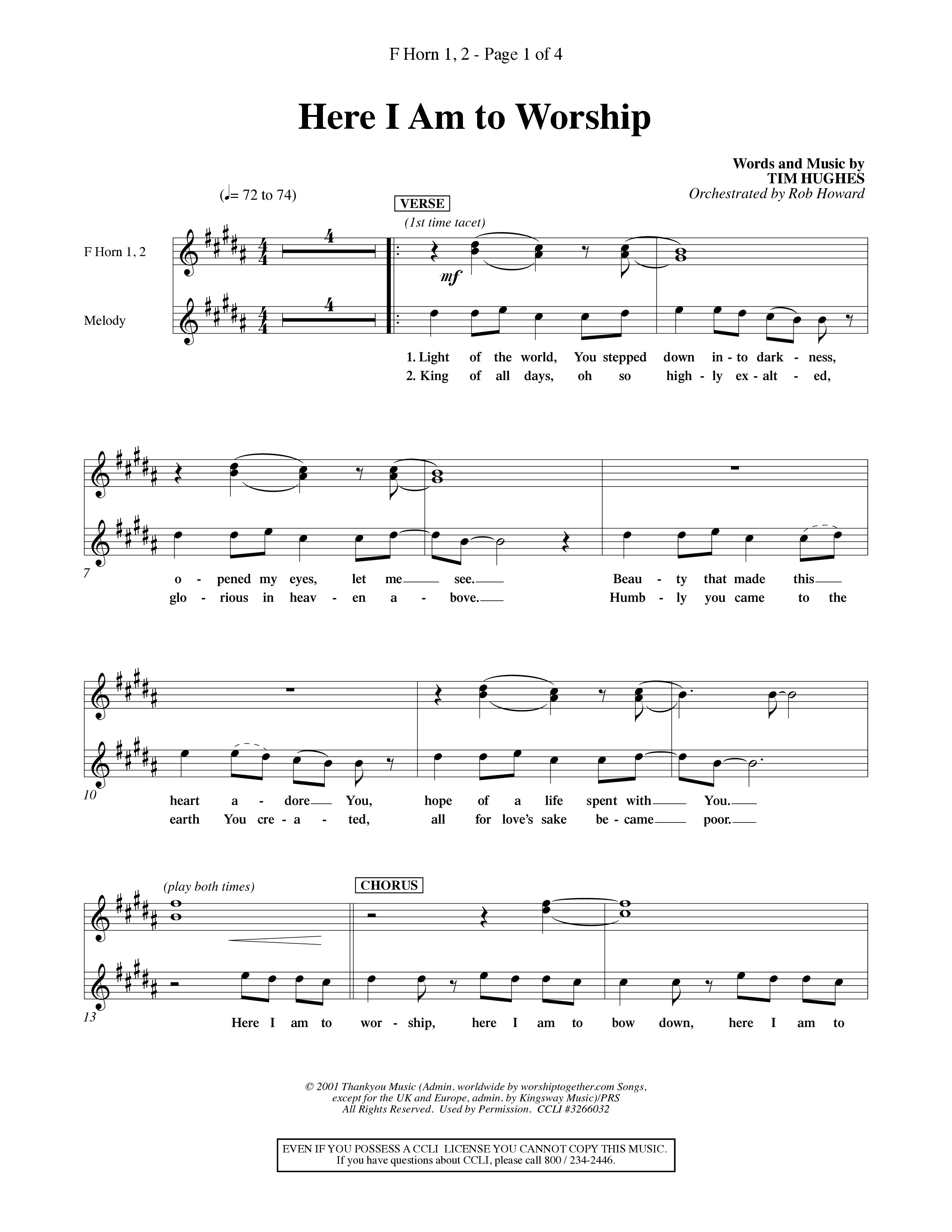 Here I Am To Worship (Choral Anthem SATB) French Horn (Word Music Choral / Orch. Rob Howard)