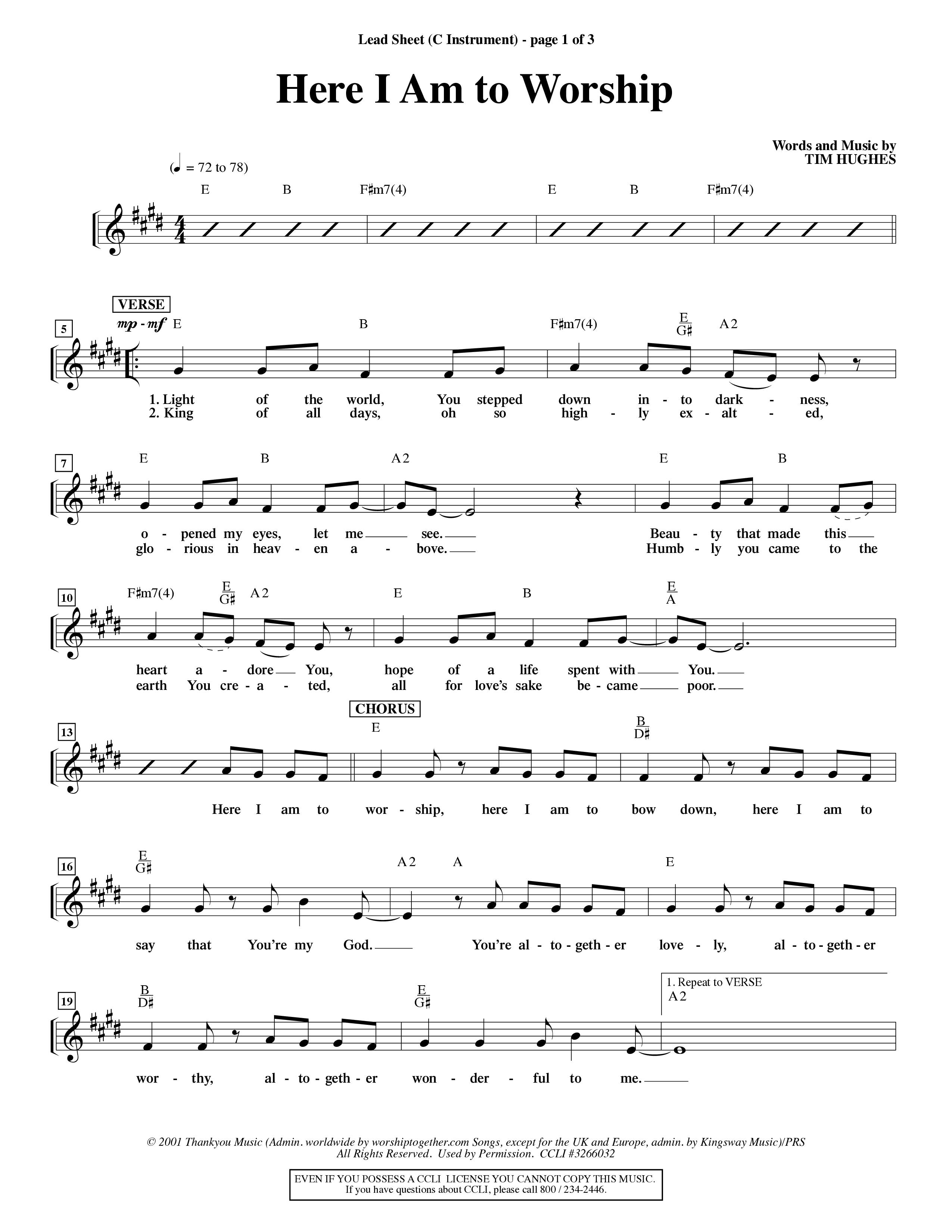 Here I Am To Worship (Choral Anthem SATB) Lead Sheet (Word Music Choral / Orch. Rob Howard)