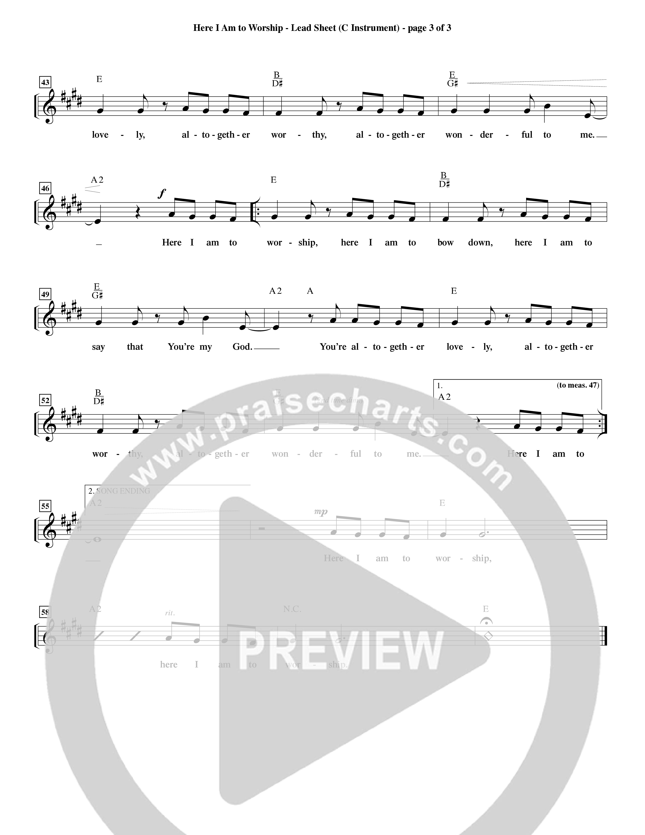 Here I Am To Worship (Choral Anthem SATB) Lead Sheet (Word Music Choral / Orch. Rob Howard)