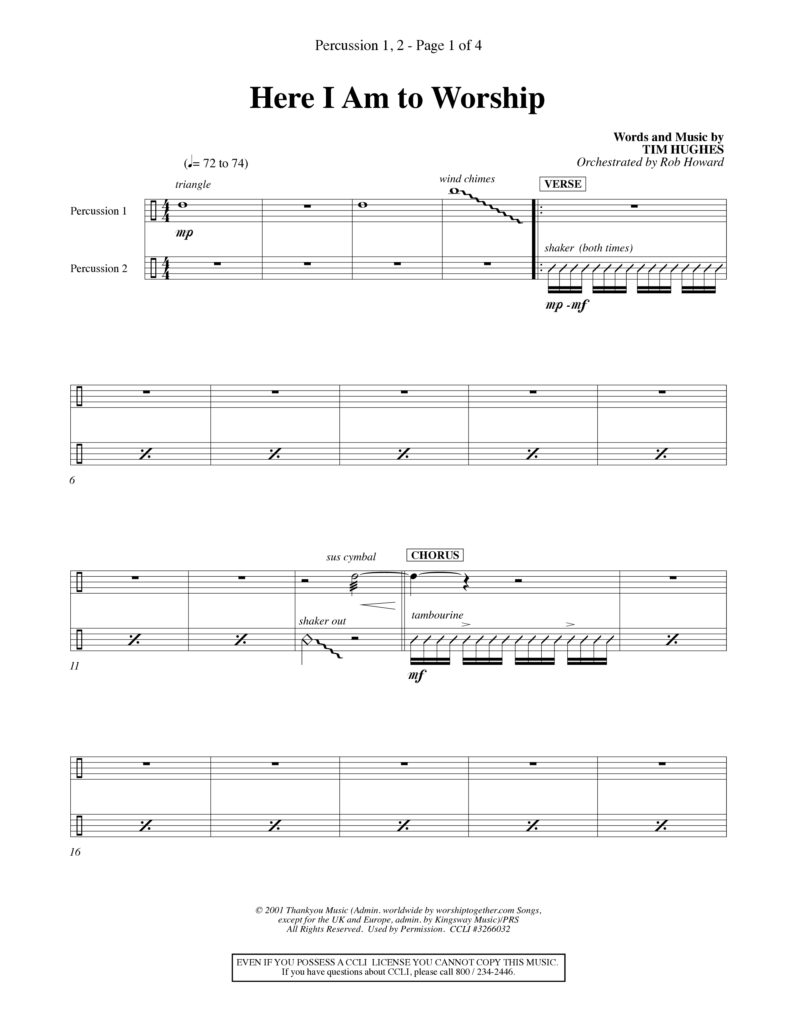 Here I Am To Worship (Choral Anthem SATB) Percussion 1/2 (Word Music Choral / Orch. Rob Howard)