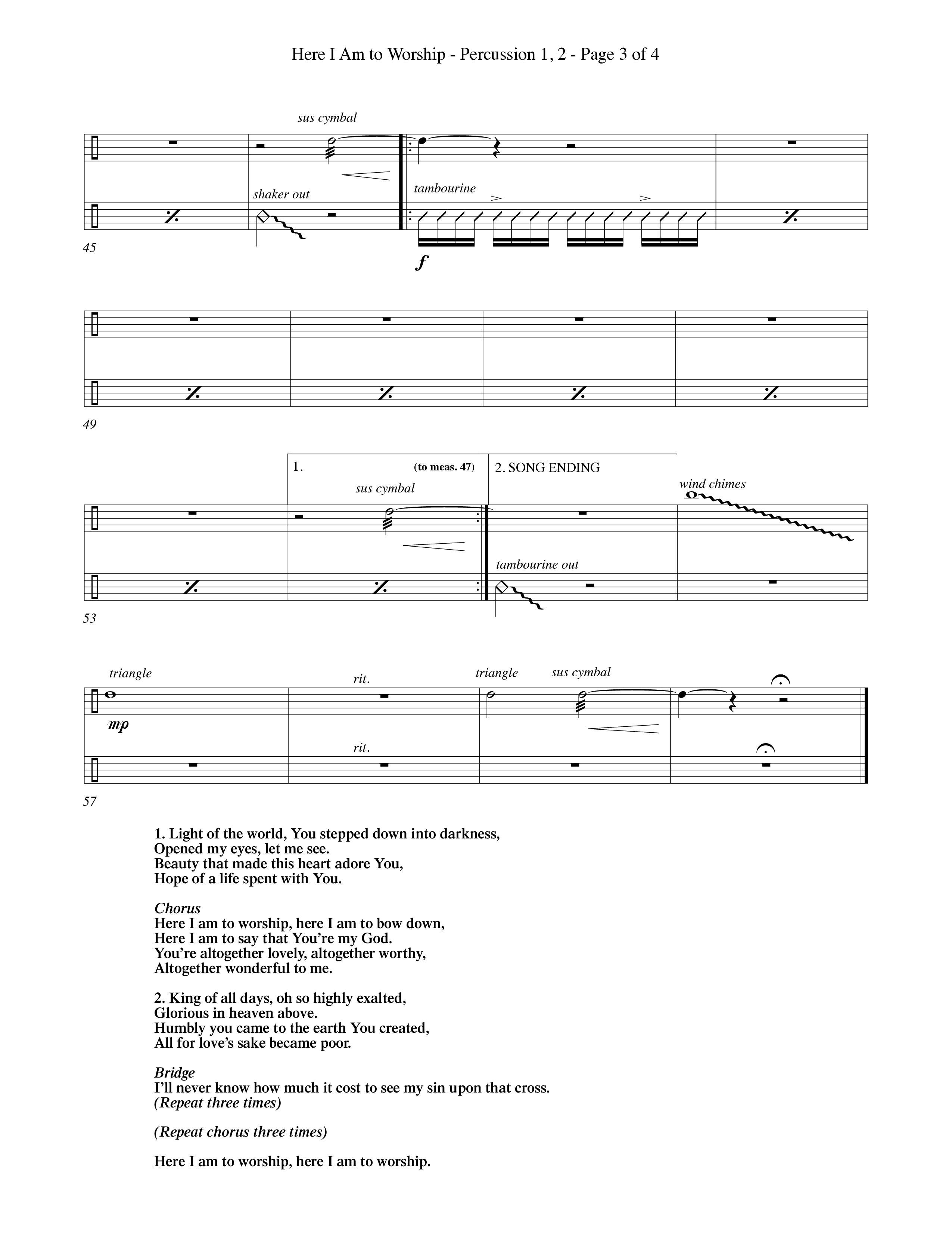 Here I Am To Worship (Choral Anthem SATB) Percussion 1/2 (Word Music Choral / Orch. Rob Howard)