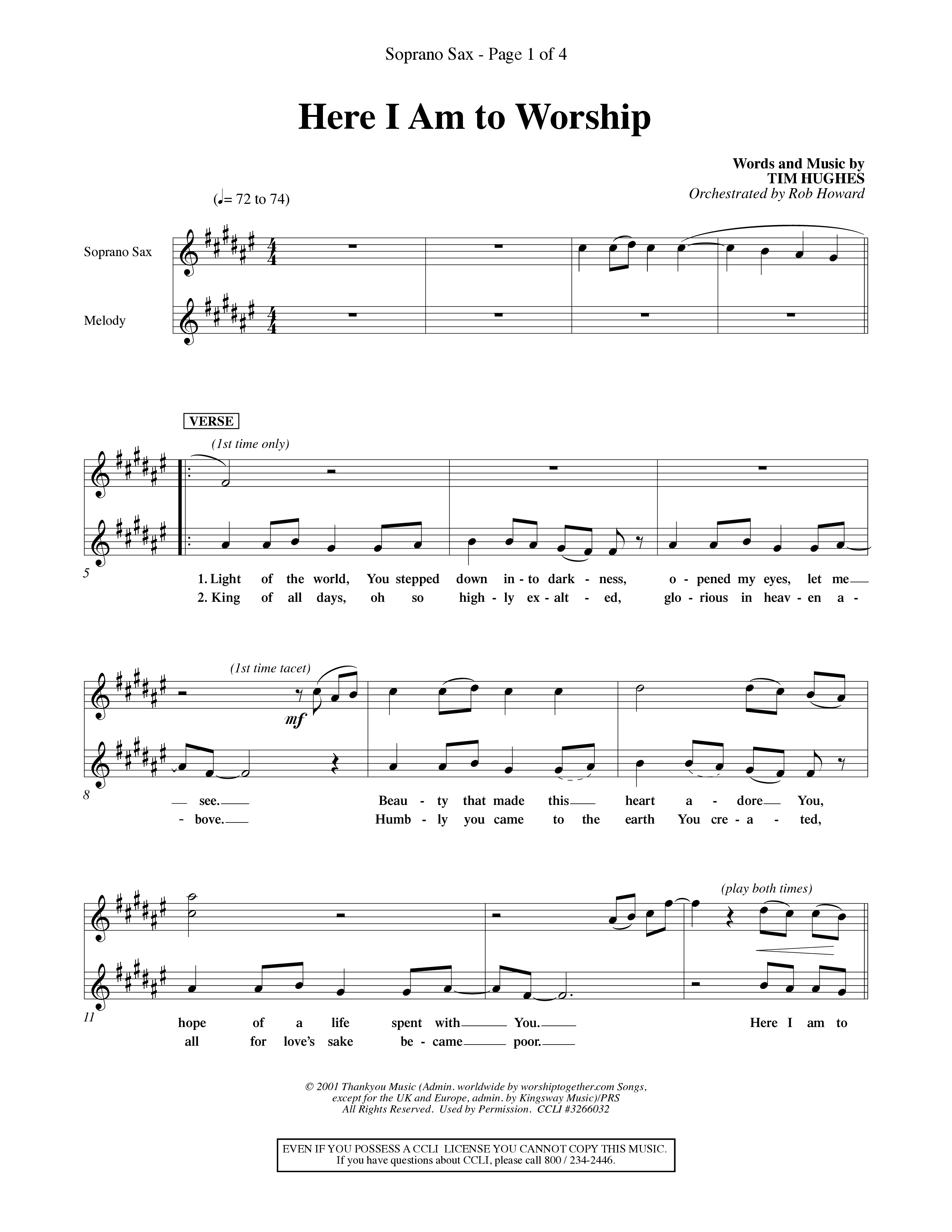 Here I Am To Worship (Choral Anthem SATB) Saxophone (Word Music Choral / Orch. Rob Howard)