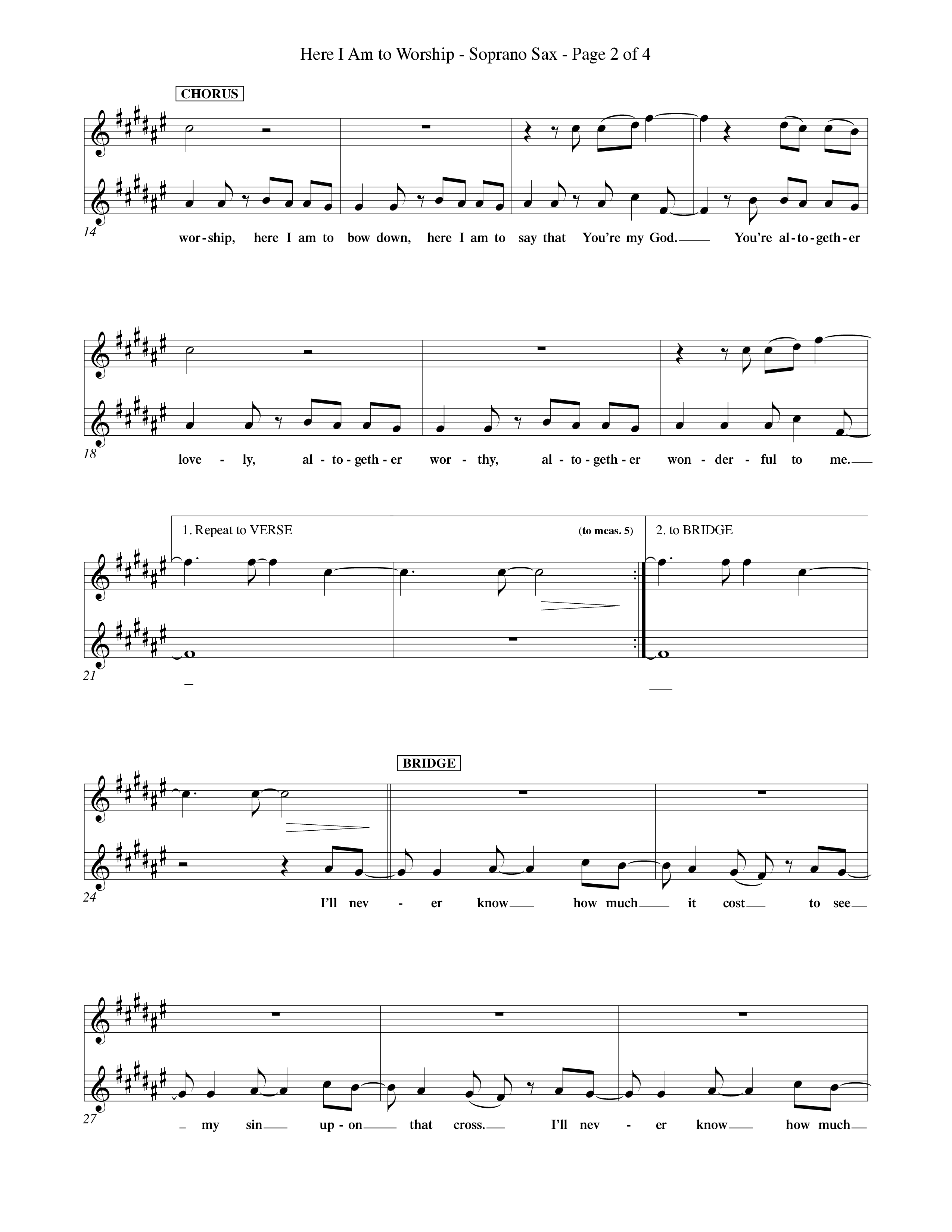 Here I Am To Worship (Choral Anthem SATB) Saxophone (Word Music Choral / Orch. Rob Howard)