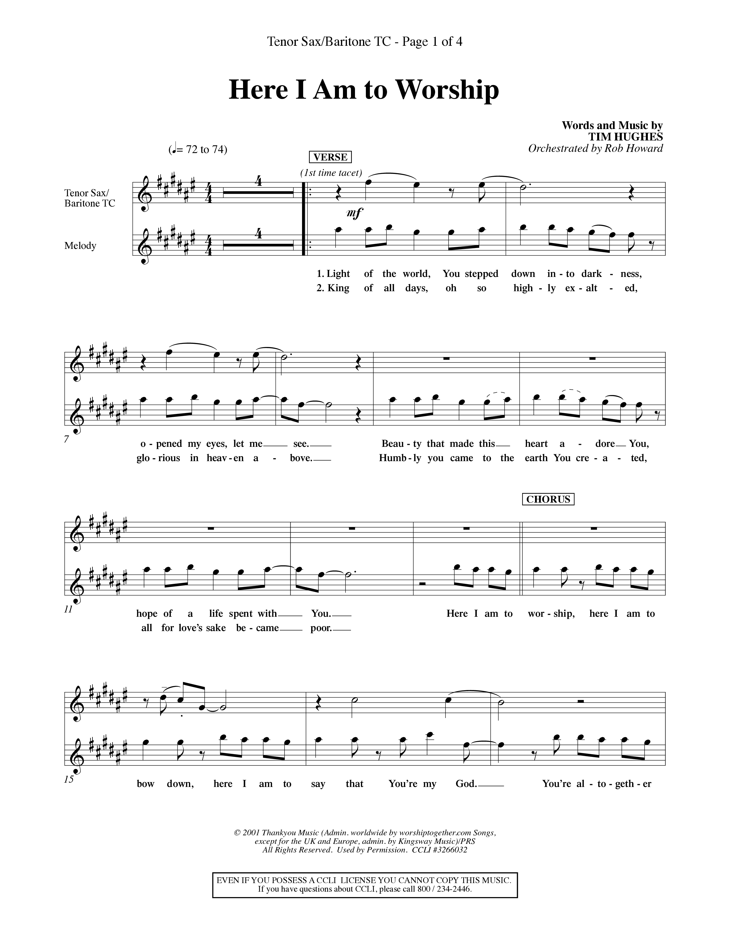 Here I Am To Worship (Choral Anthem SATB) Tenor Sax/Baritone T.C. (Word Music Choral / Orch. Rob Howard)